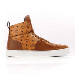 MCM "Visetos" Canvas & Suede Monogram Tan Lace-Up High Top Sneakers