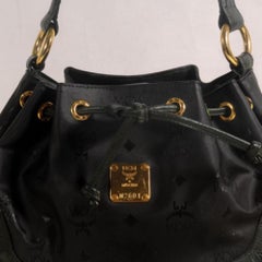 MCM Visetos Drawstring Bucket Hobo 868819 Black Coated Canvas Shoulder Bag