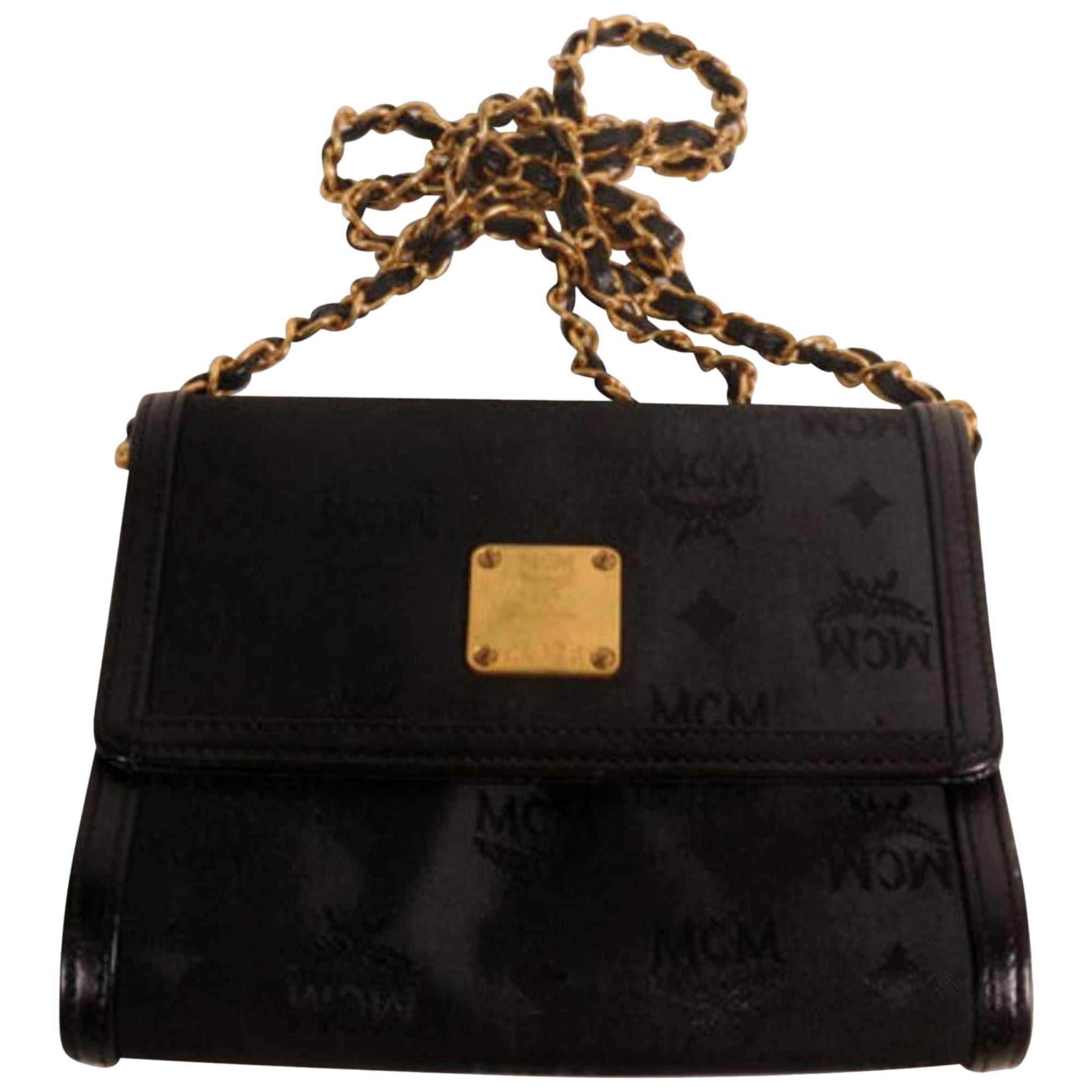 MCM Visetos Mini Flap Chain 869071 Black Coated Canvas + Cowhide Cross Body Bag For Sale