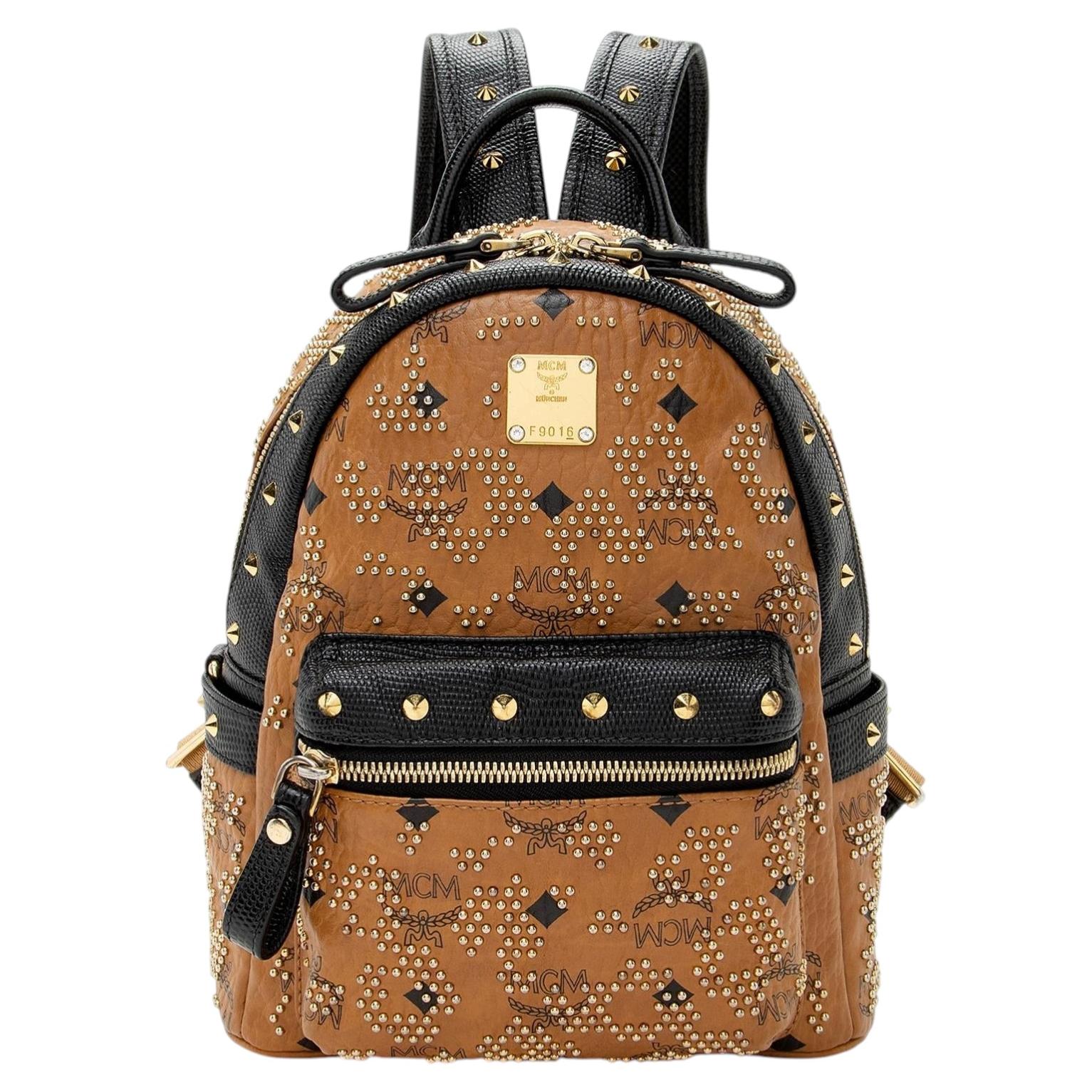 Pre-owned Mcm Visetos Mini Studded Backpack In Brown