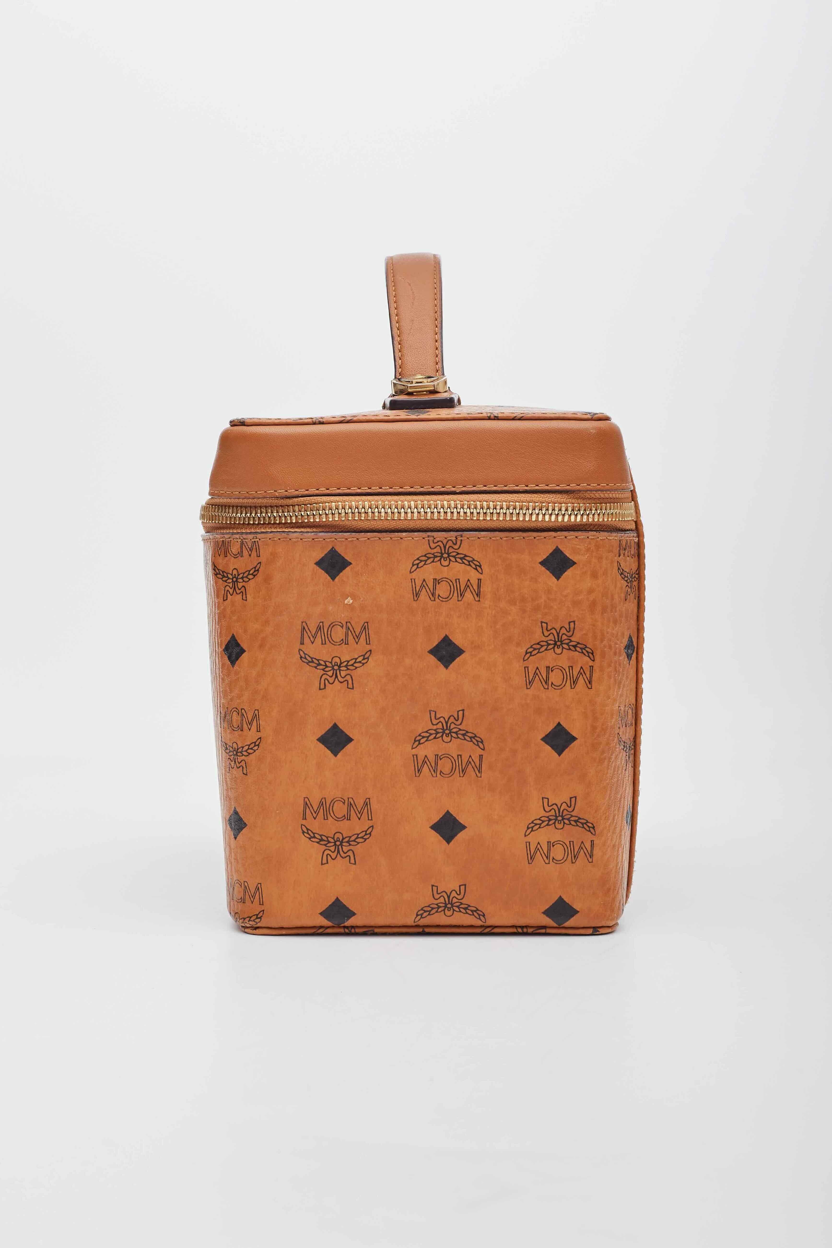 Women's MCM Visetos Vanity Case Cognac Canvas Top Handle Bag For Sale