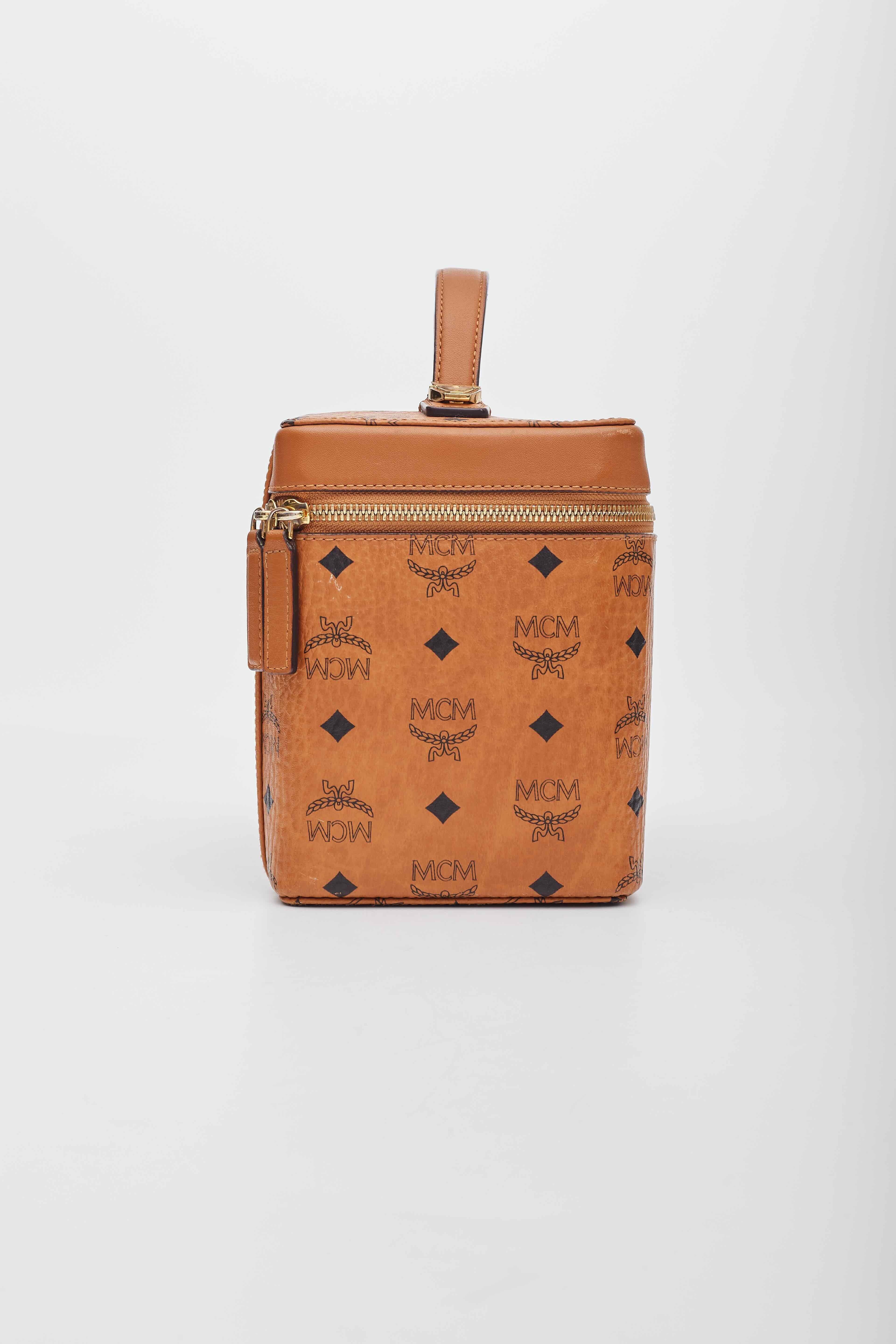 MCM Visetos Vanity Case Cognac Canvas Top Handle Bag For Sale 1