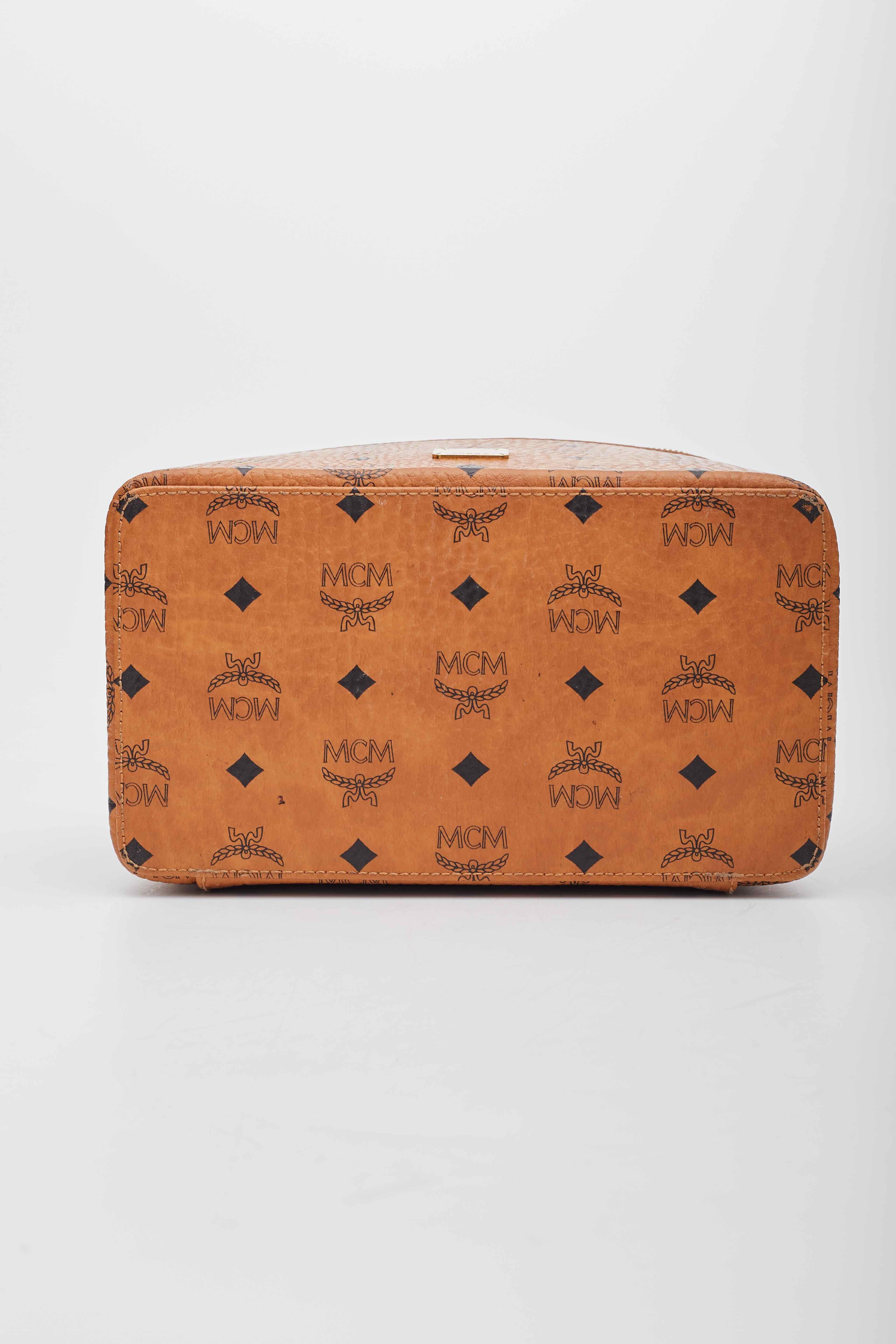 MCM Visetos Vanity Case Cognac Canvas Top Handle Bag For Sale 2