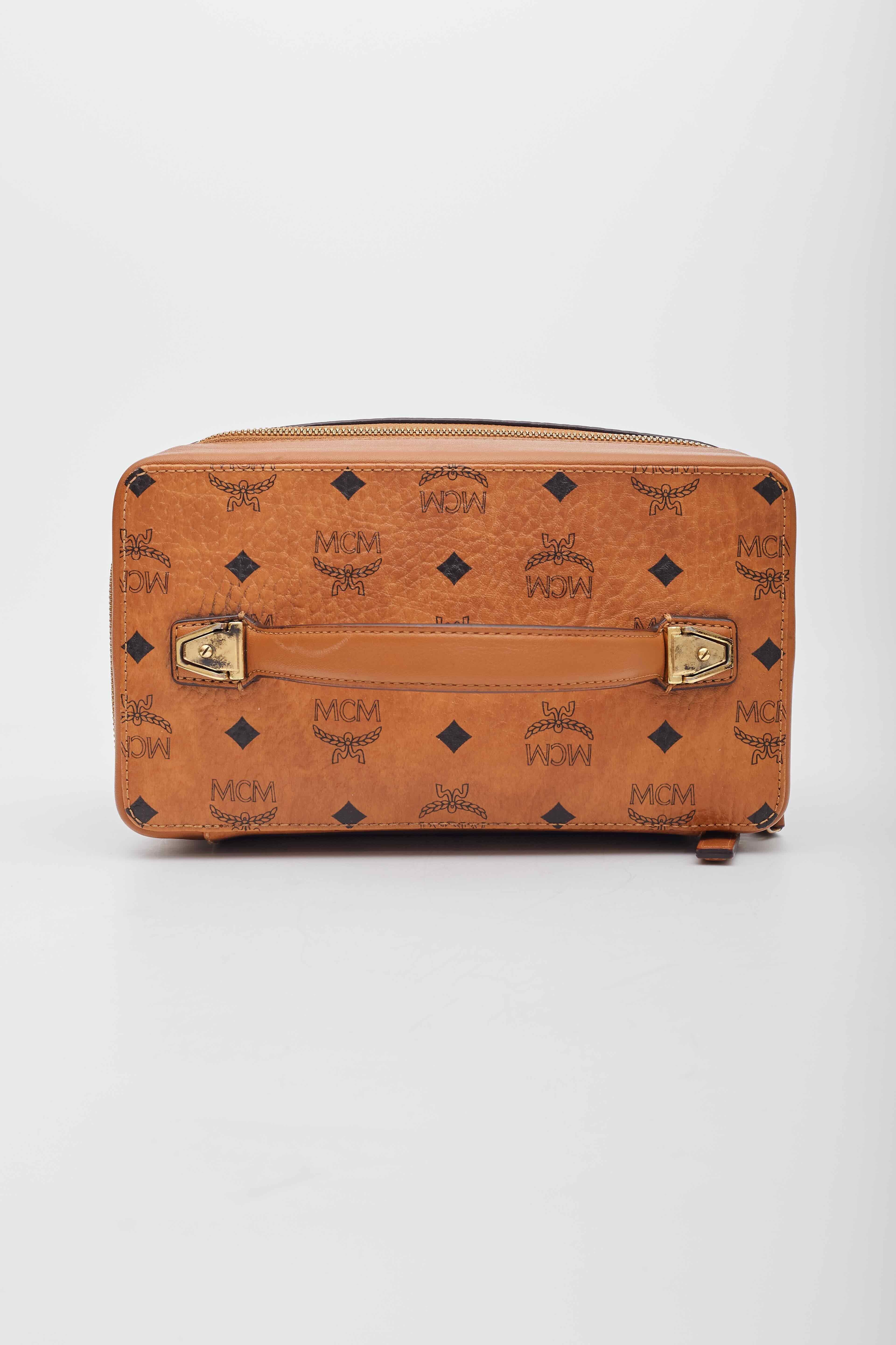 MCM Visetos Vanity Case Cognac Canvas Top Handle Bag For Sale 3