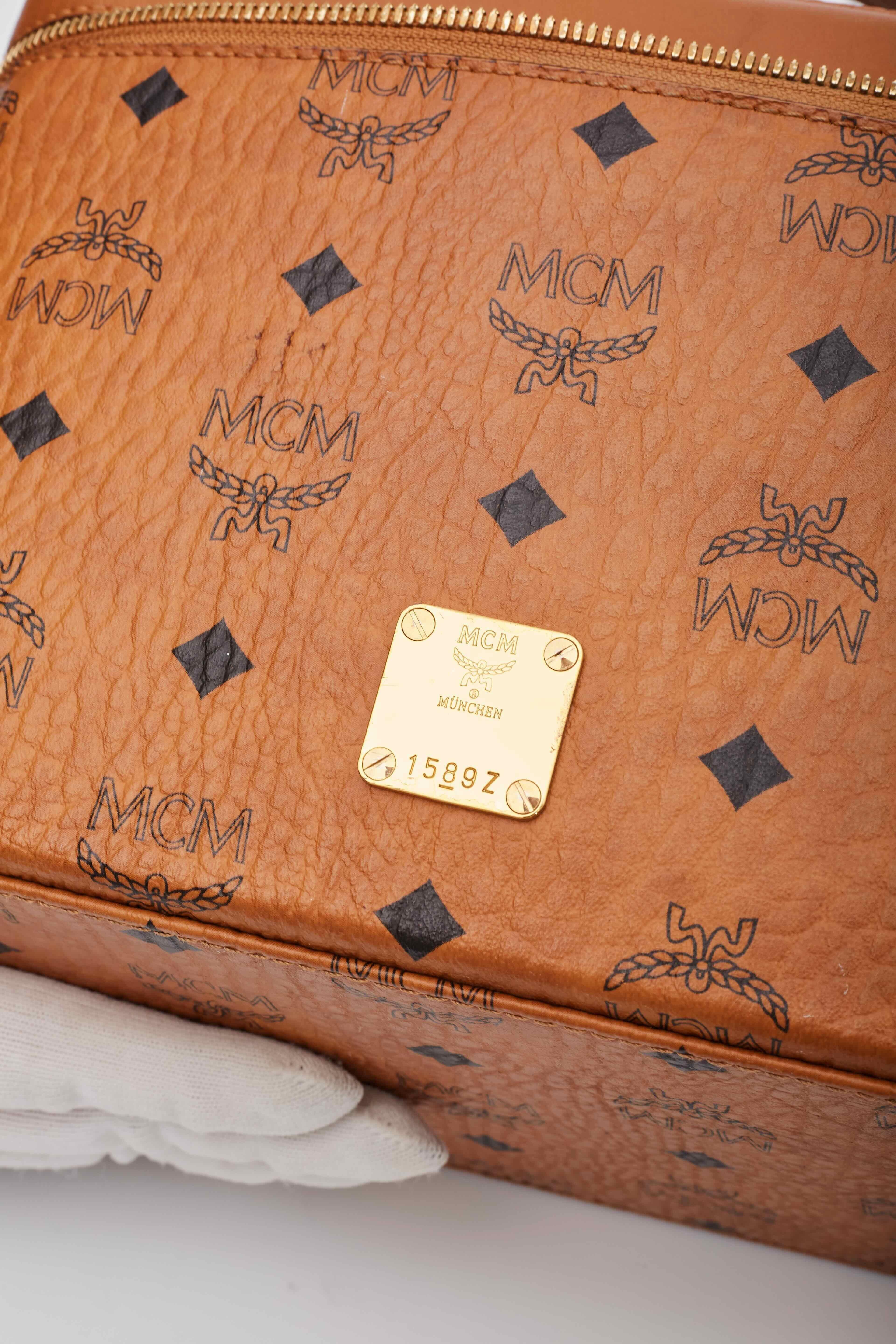 MCM Visetos Vanity Case Cognac Canvas Top Handle Bag For Sale 5