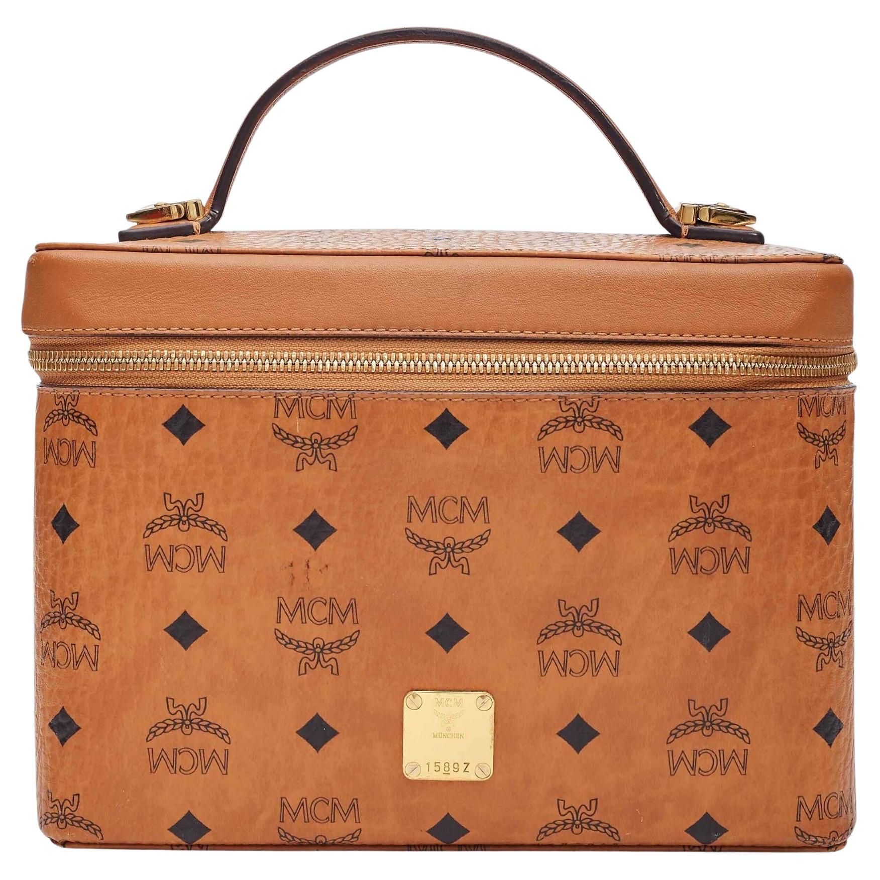 MCM Visetos Vanity Case Cognac Canvas Top Handle Bag For Sale