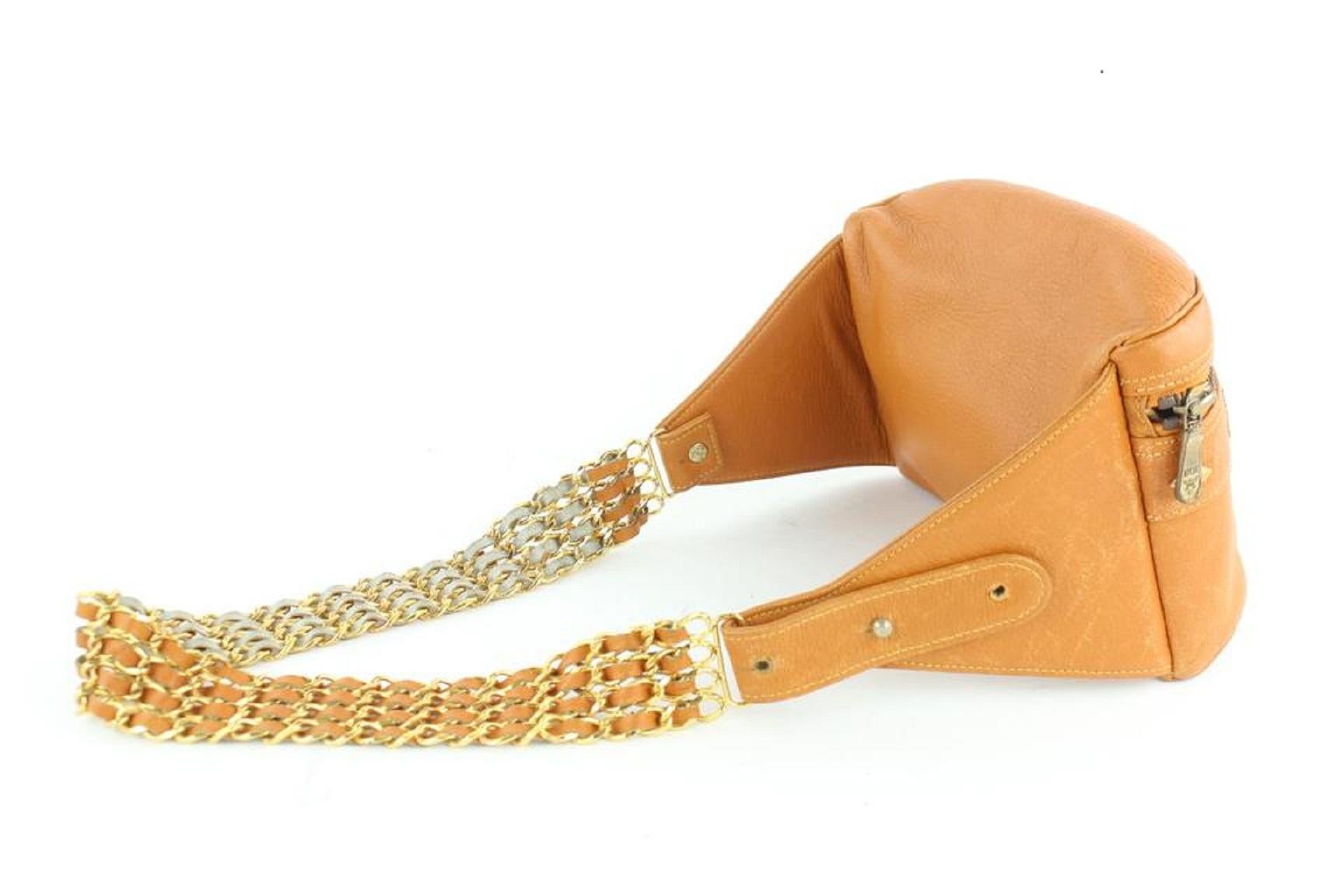 Women's MCM Waist Cognac Studded Chain Fanny Pack Belt Pouch 10mcz1812 Brown Leather