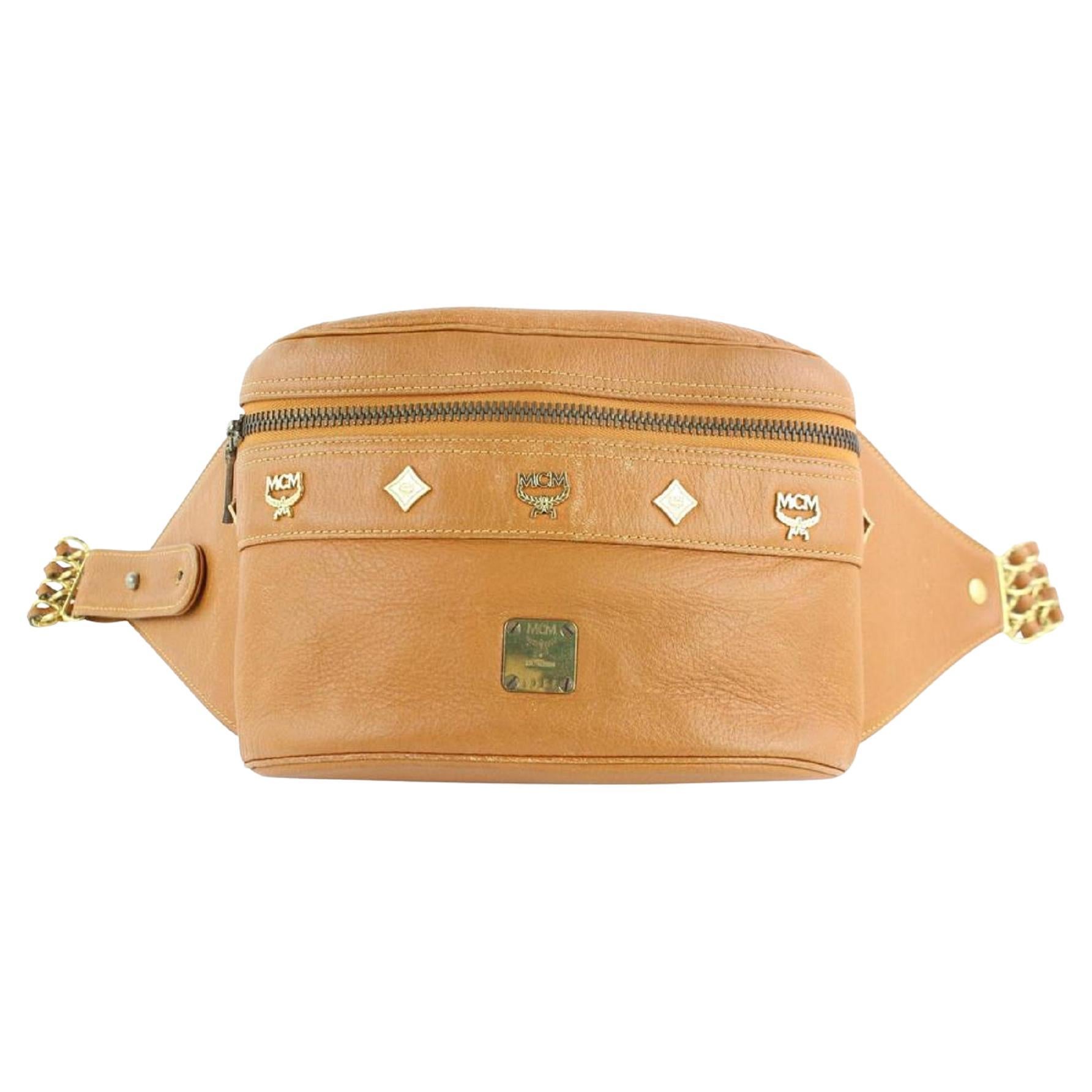 MCM Waist Cognac Studded Chain Fanny Pack Belt Pouch 10mcz1812 Brown Leather