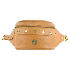 MCM Waist Cognac Studded Chain Fanny Pack Belt Pouch 10mcz1812 Brown Leather