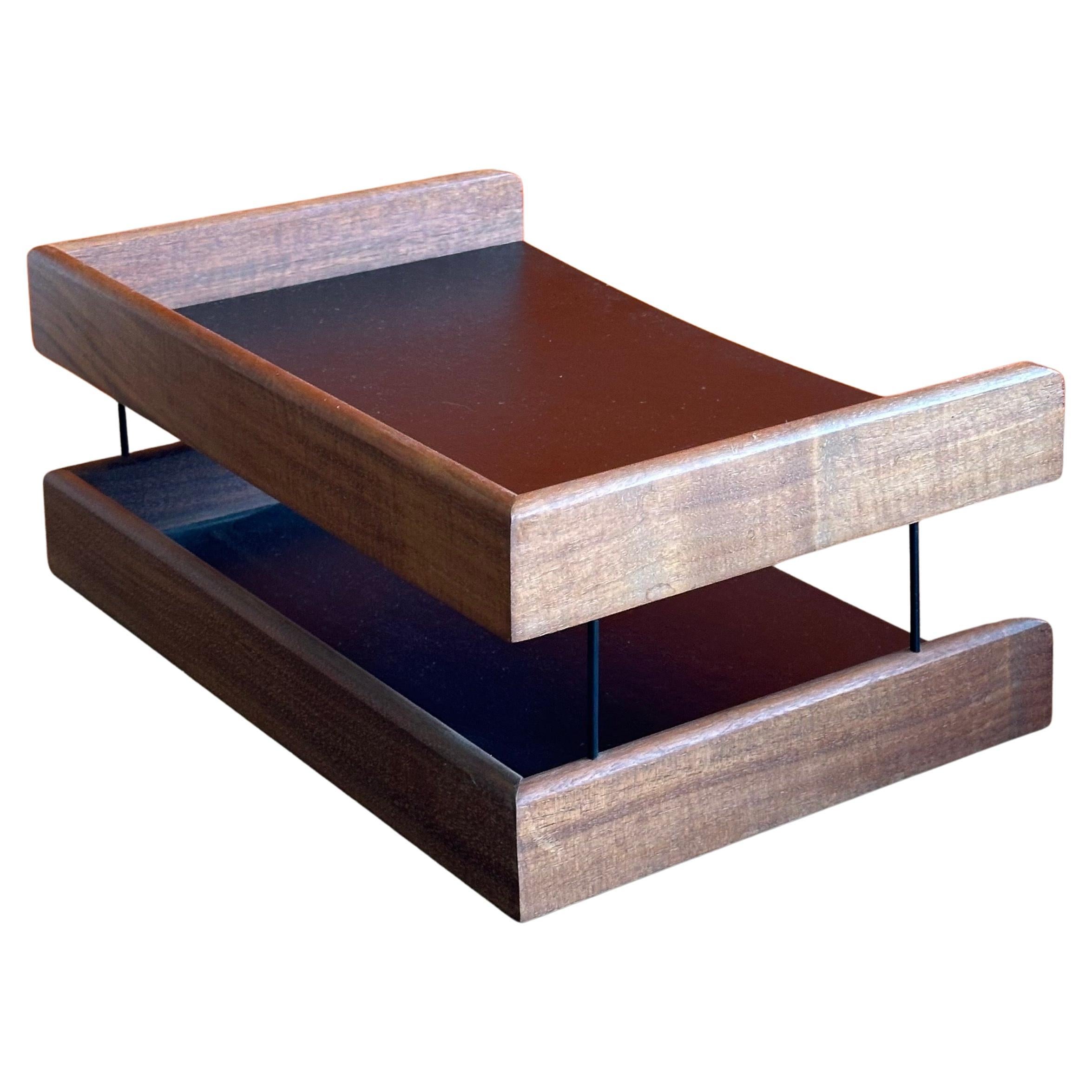 Very cool and functional MCM walnut and nauhgahyde double letter tray by John Mel, circa 1970s. The tray is in very good vintage condition and measures 15.5