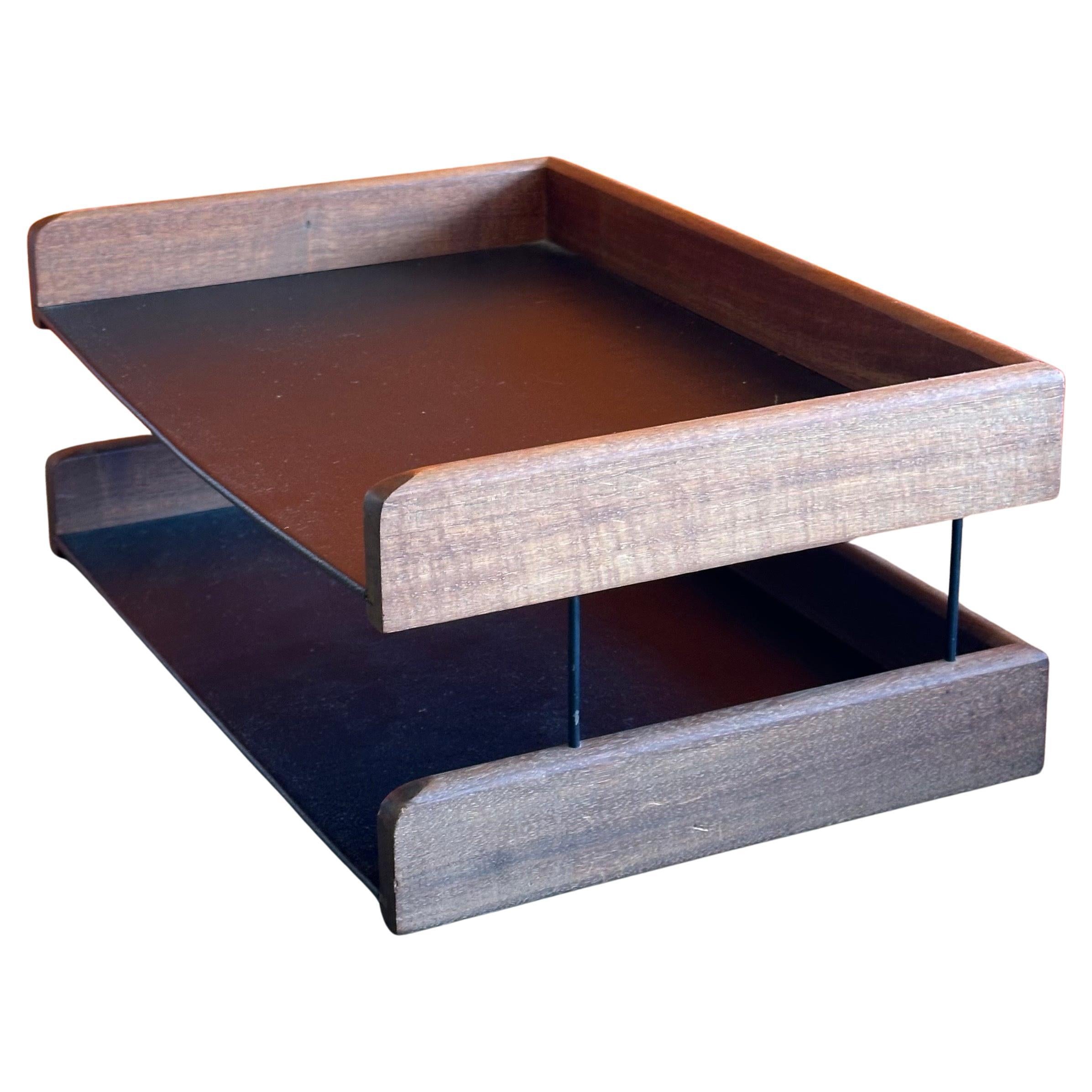 Mid-Century Modern MCM Walnut and Naugahyde Double Letter Tray by John Mel
