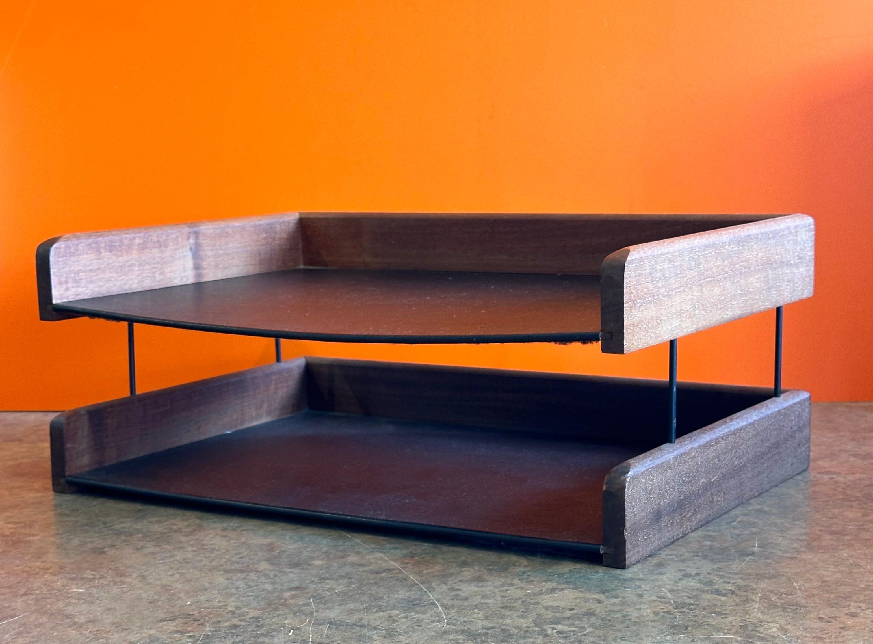 American MCM Walnut and Naugahyde Double Letter Tray by John Mel