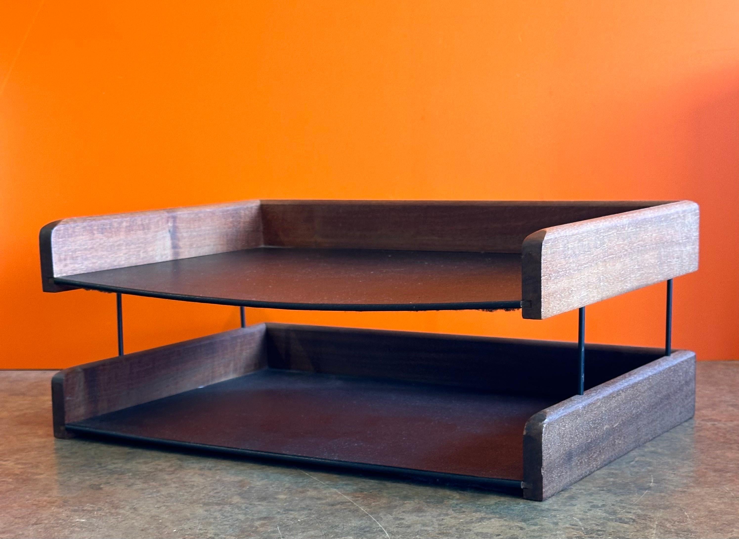 20th Century MCM Walnut and Naugahyde Double Letter Tray by John Mel