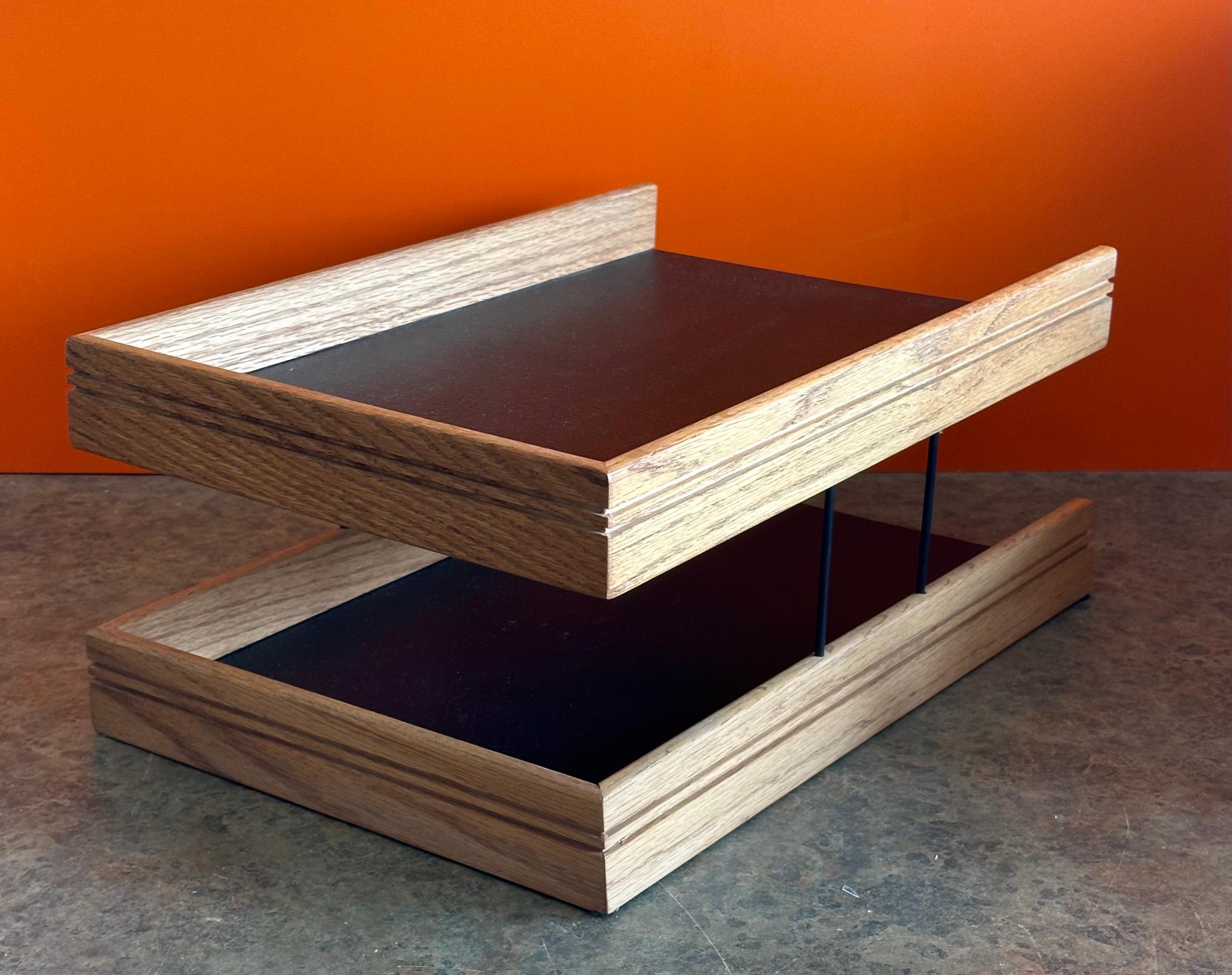 Mid-Century Modern MCM Walnut and Naugahyde Double Letter Tray by OPCO For Sale