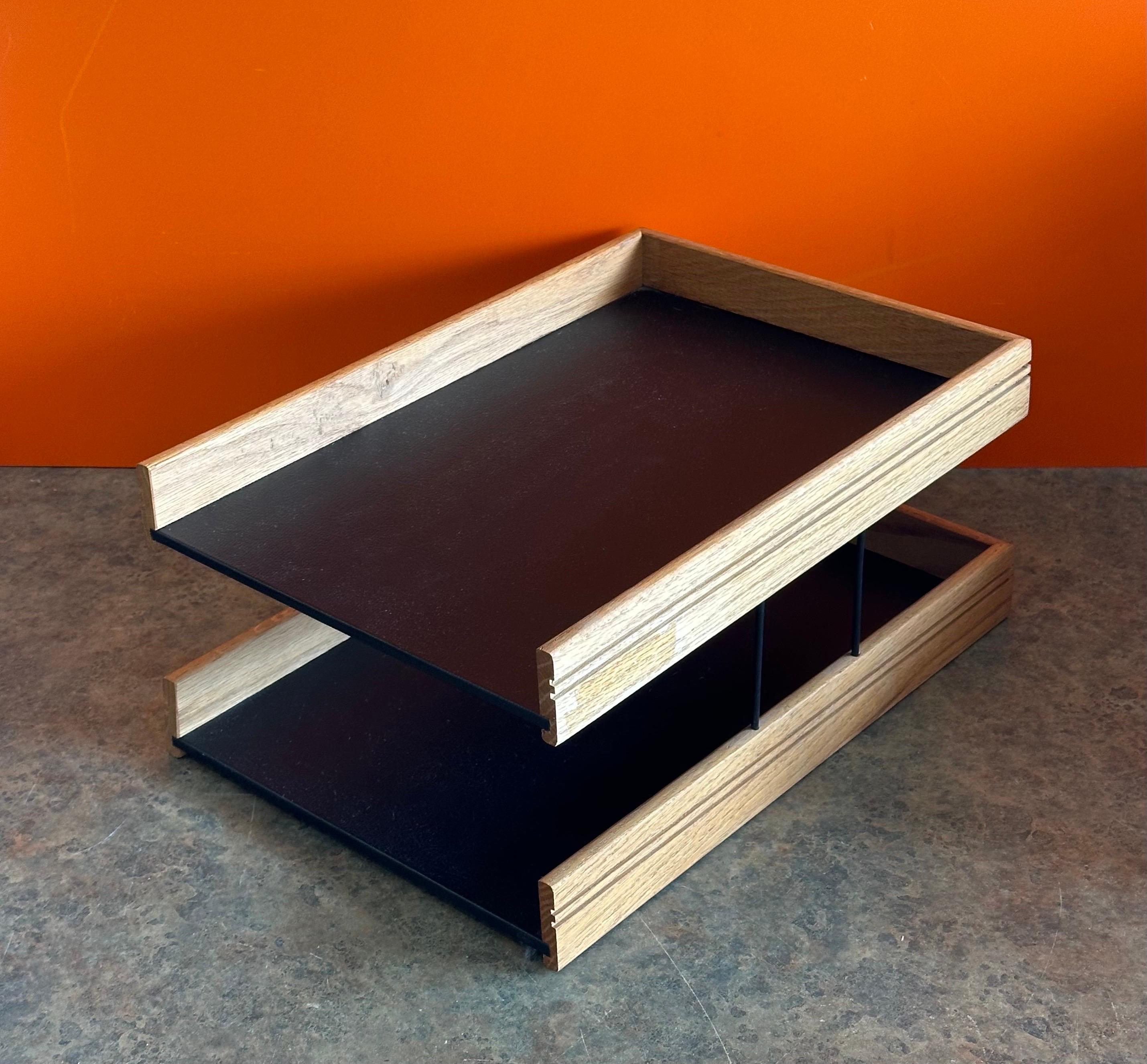20th Century MCM Walnut and Naugahyde Double Letter Tray by OPCO For Sale