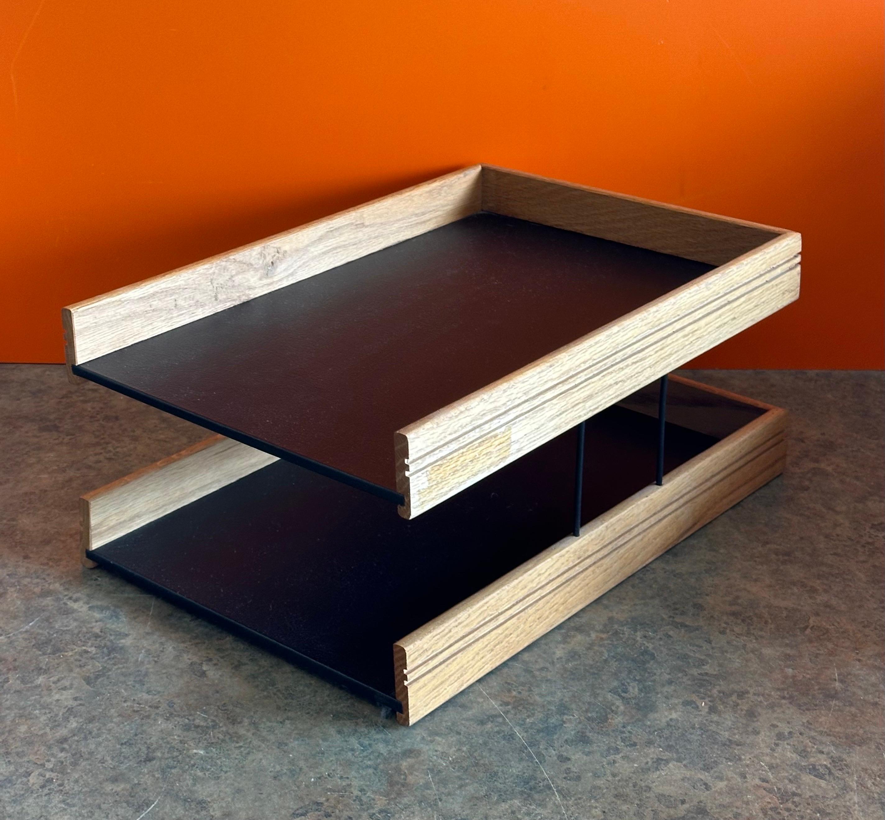 MCM Walnut and Naugahyde Double Letter Tray by OPCO For Sale 3