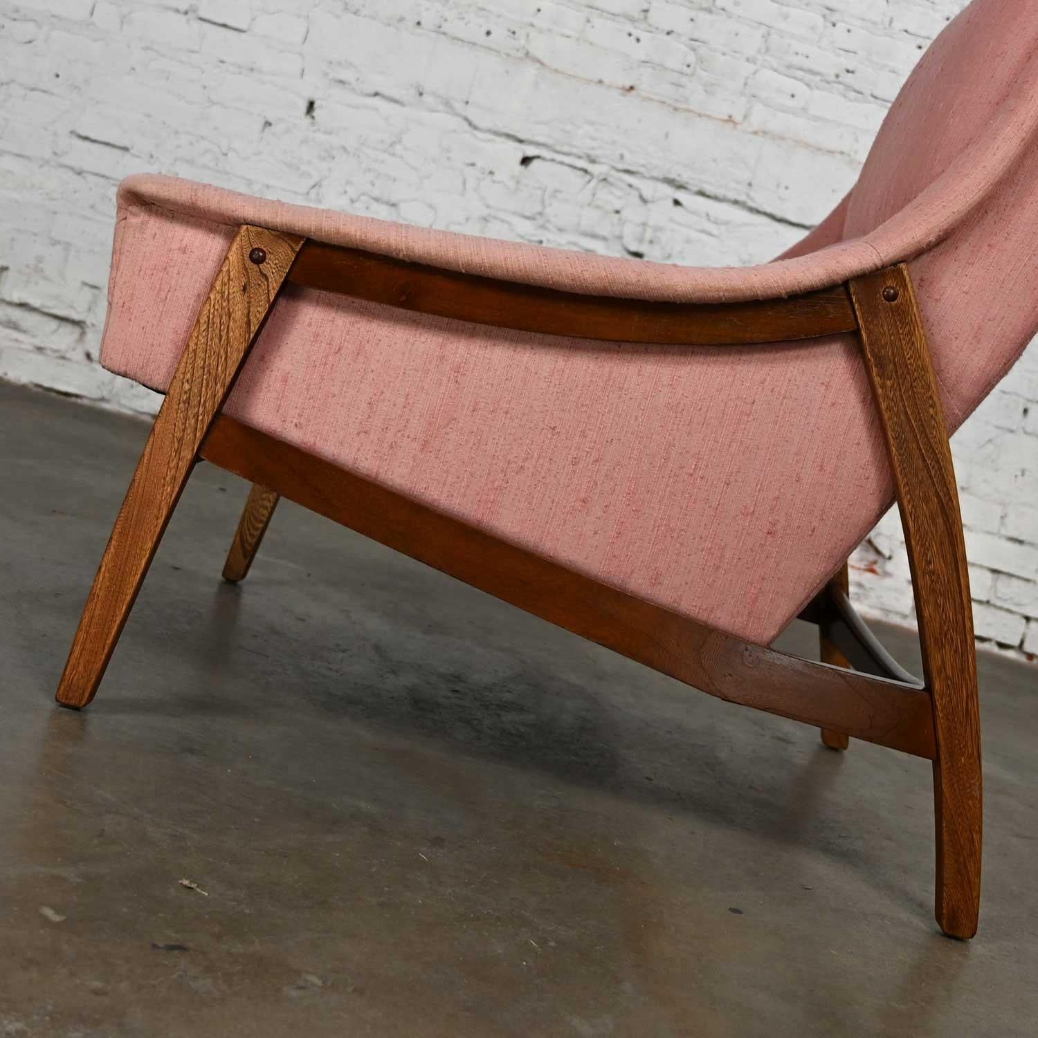 MCM Walnut & Ash Frame with Pink Fabric Lounge Chair Style of Dux or Kroehler For Sale 6