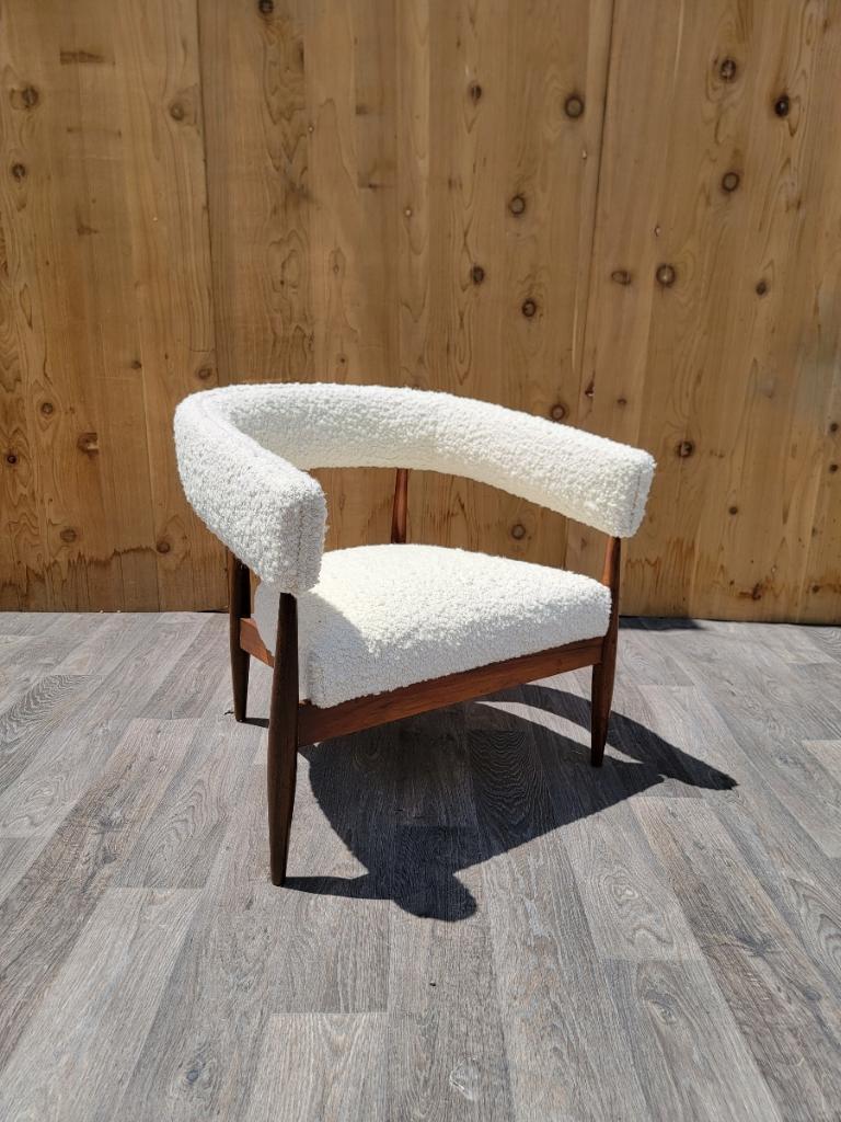MCM Walnut Barrel Back Lounge Chair Newly Upholstered in Natural Boucle 5