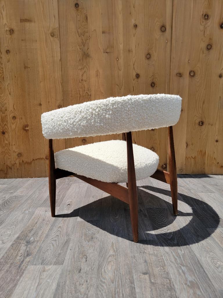 Mid-20th Century MCM Walnut Barrel Back Lounge Chair Newly Upholstered in Natural Boucle