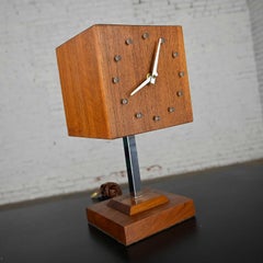 MCM Walnut & Chrome Cube Clock Lamp by V. H. Woolums Style Howard Miller Clocks