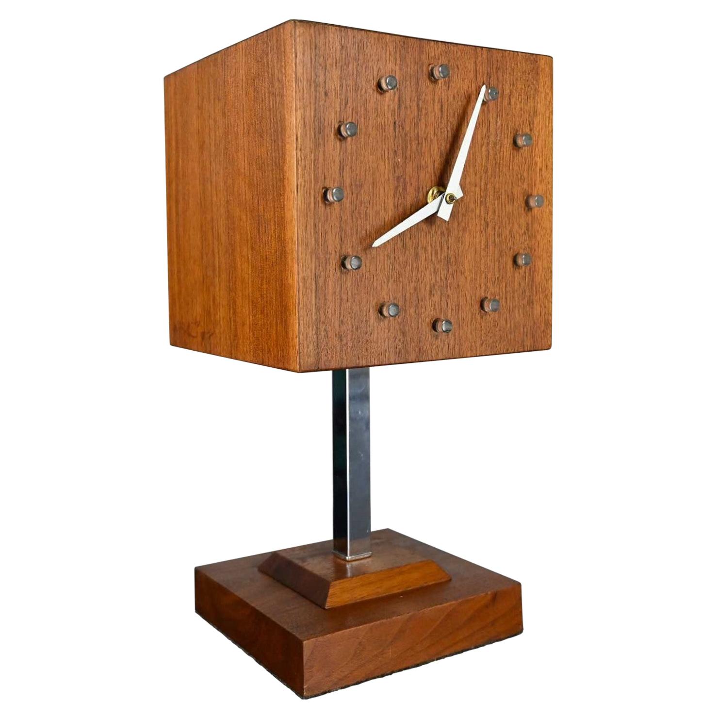 MCM Walnut & Chrome Cube Clock Lamp by V. H. Woolums Style Howard Miller Clocks