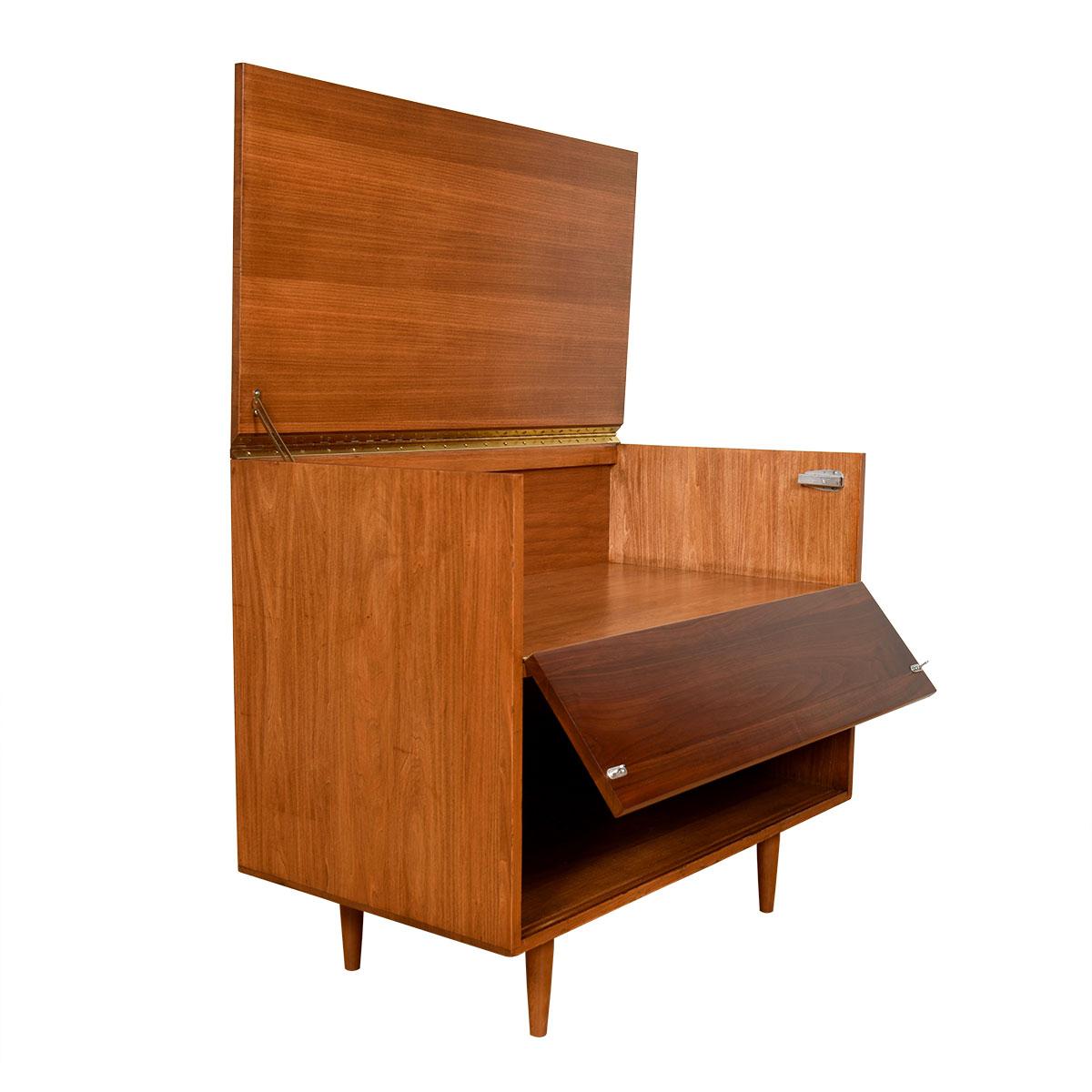 Mid-Century Modern Mcm Walnut Flip-Down Front Media Cabinet with Flip-Up Top For Sale