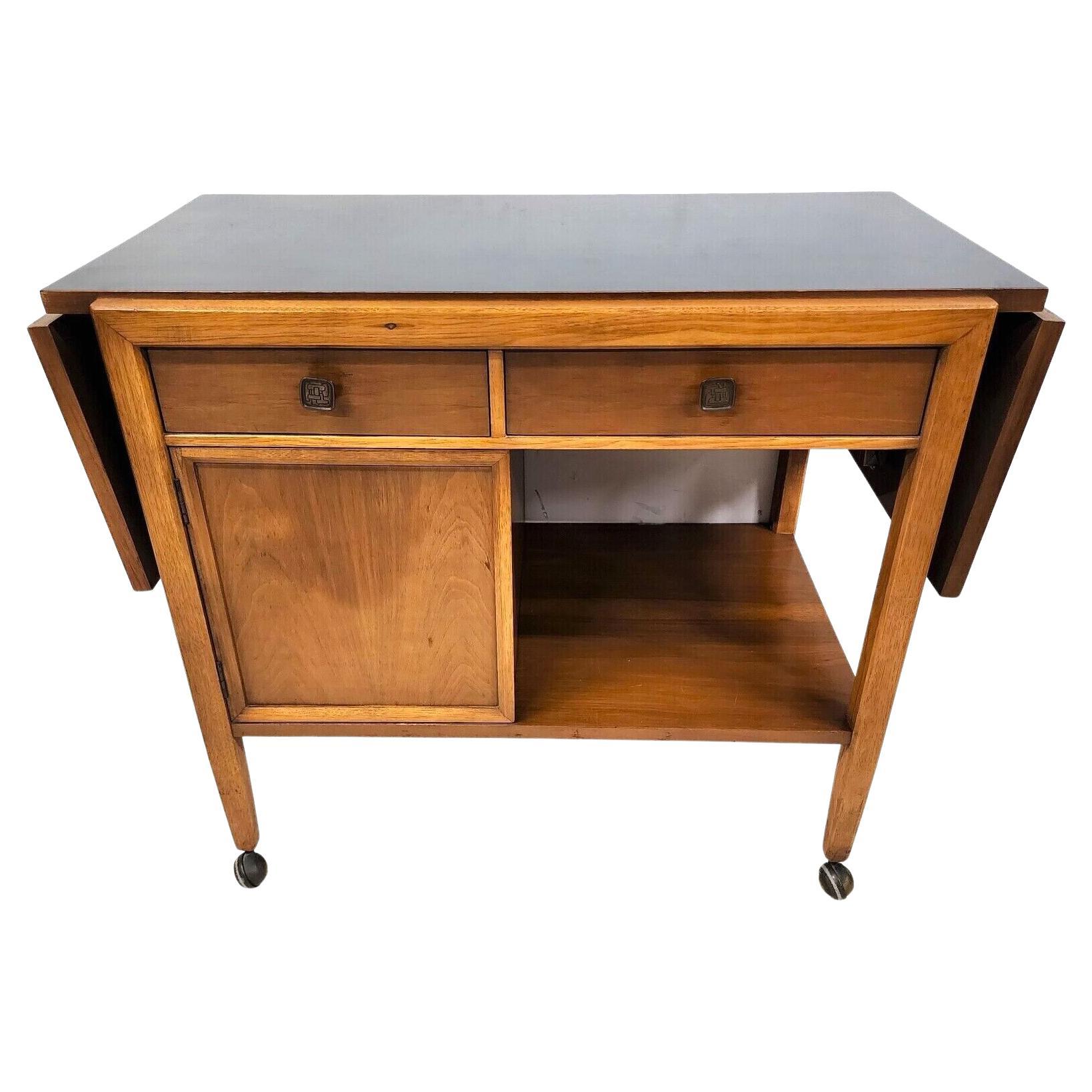 MCM Walnut Rolling Sideboard Bar Cart by Kroehler For Sale