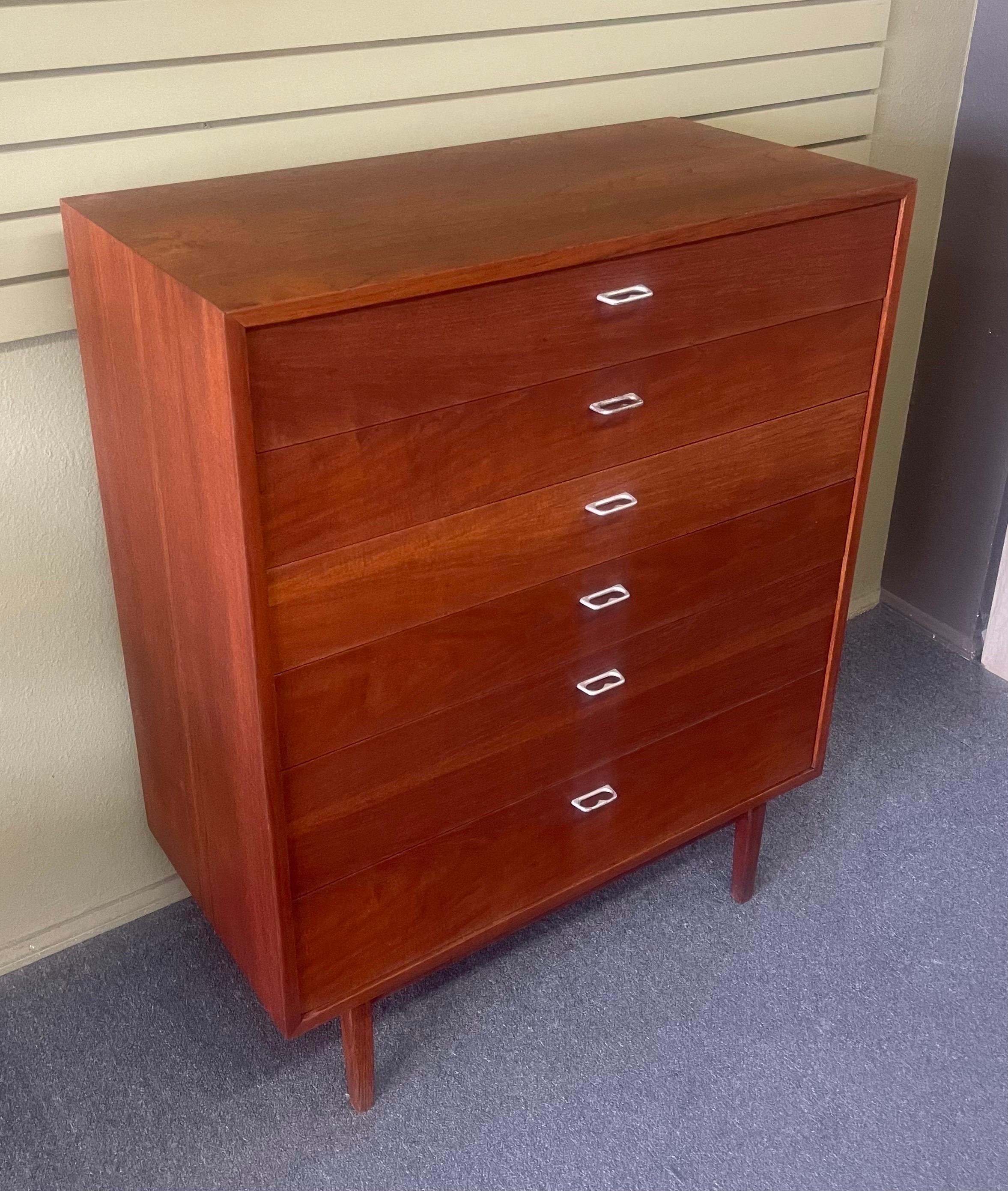Aluminum MCM Walnut Six Drawer Highboy Dresser in the Style of George Nelson