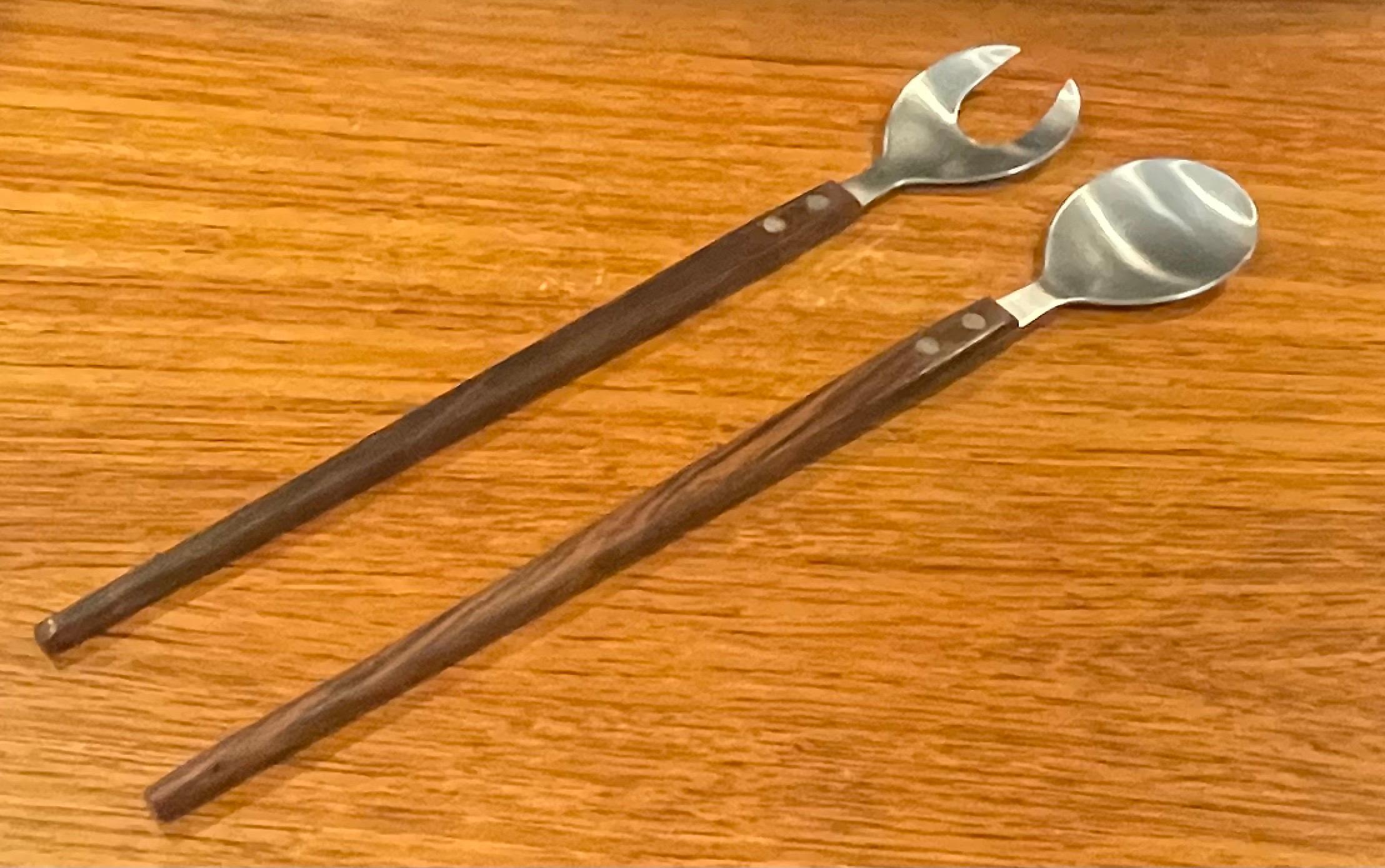 Mid-Century Modern Mcm Walnut and Stainless Steel Salad Servers For Sale