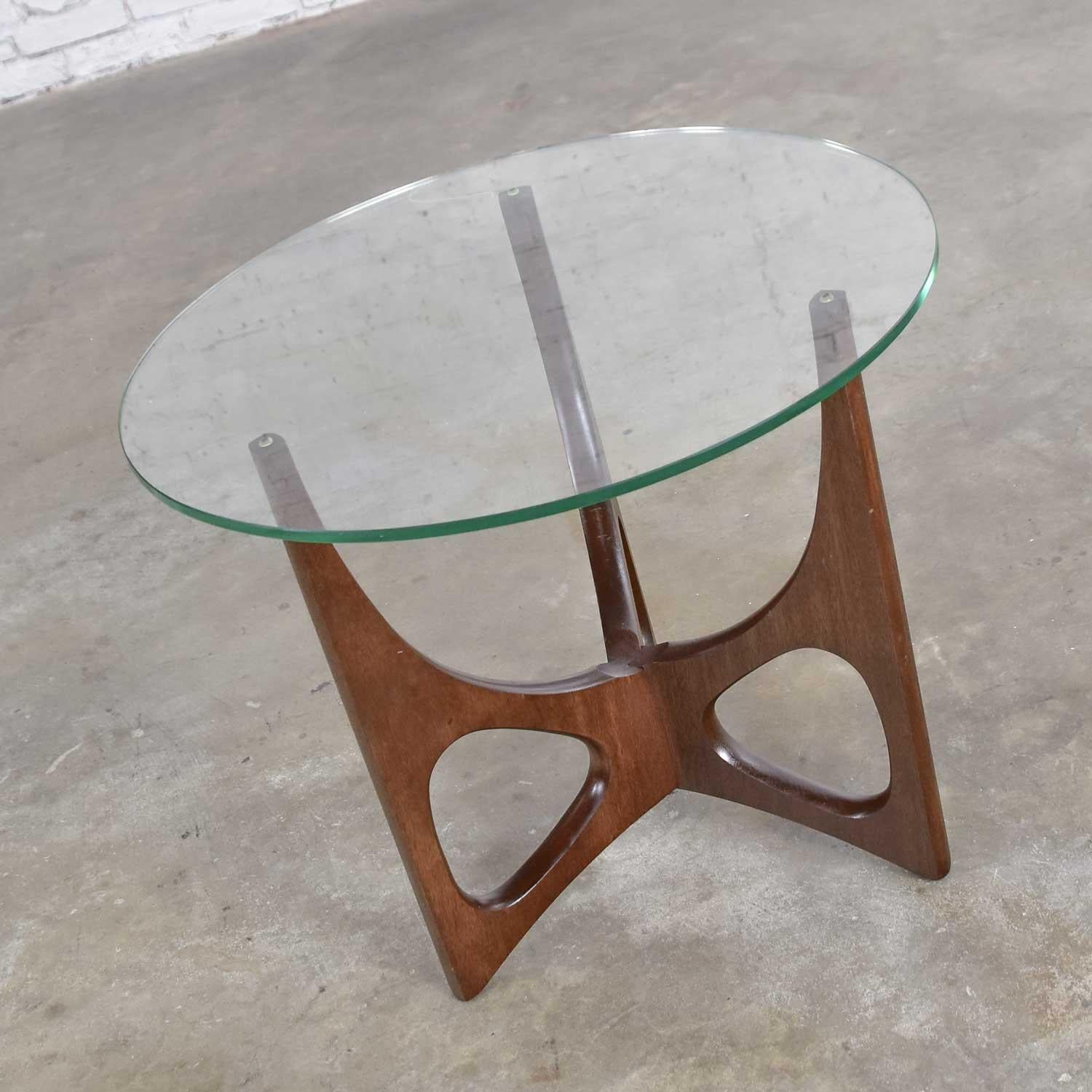 20th Century MCM Walnut Tri-Leg Round Glass Top Side Table in the Style of Adrian Pearsall