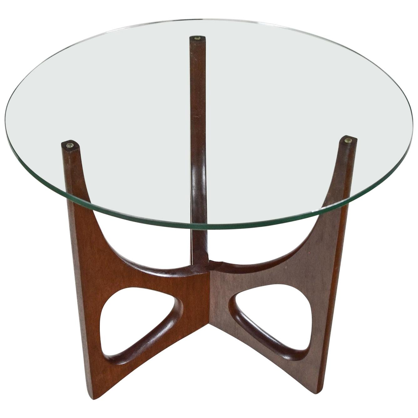 MCM Walnut Tri-Leg Round Glass Top Side Table in the Style of Adrian Pearsall