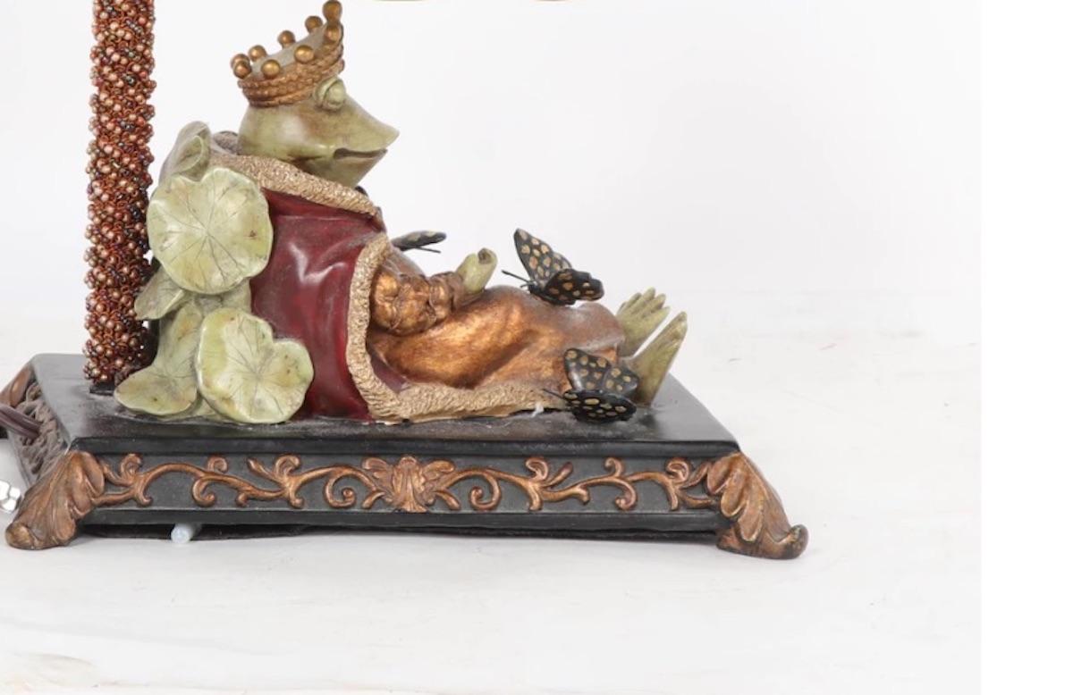 Resin Whimsical Frog Table Lamp Beaded Vine, Jeweled Lily Shade