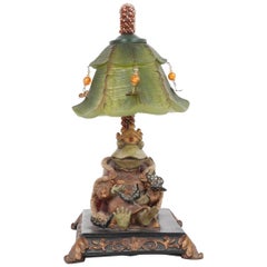 Vintage  Whimsical Frog Table Lamp Beaded Vine, Jeweled Lily Shade