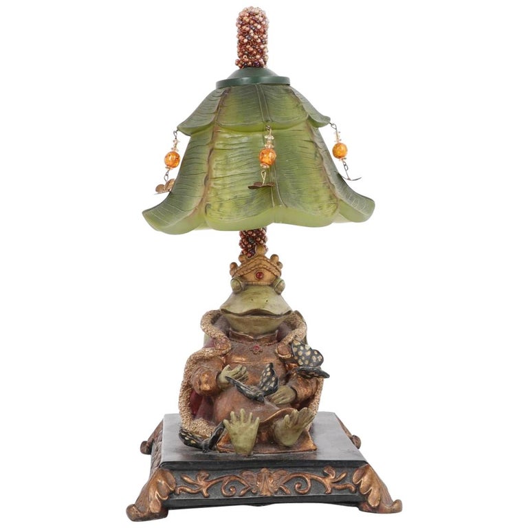 Whimsical Frog Table Lamp Beaded Vine, Jeweled Lily Shade at 1stDibs