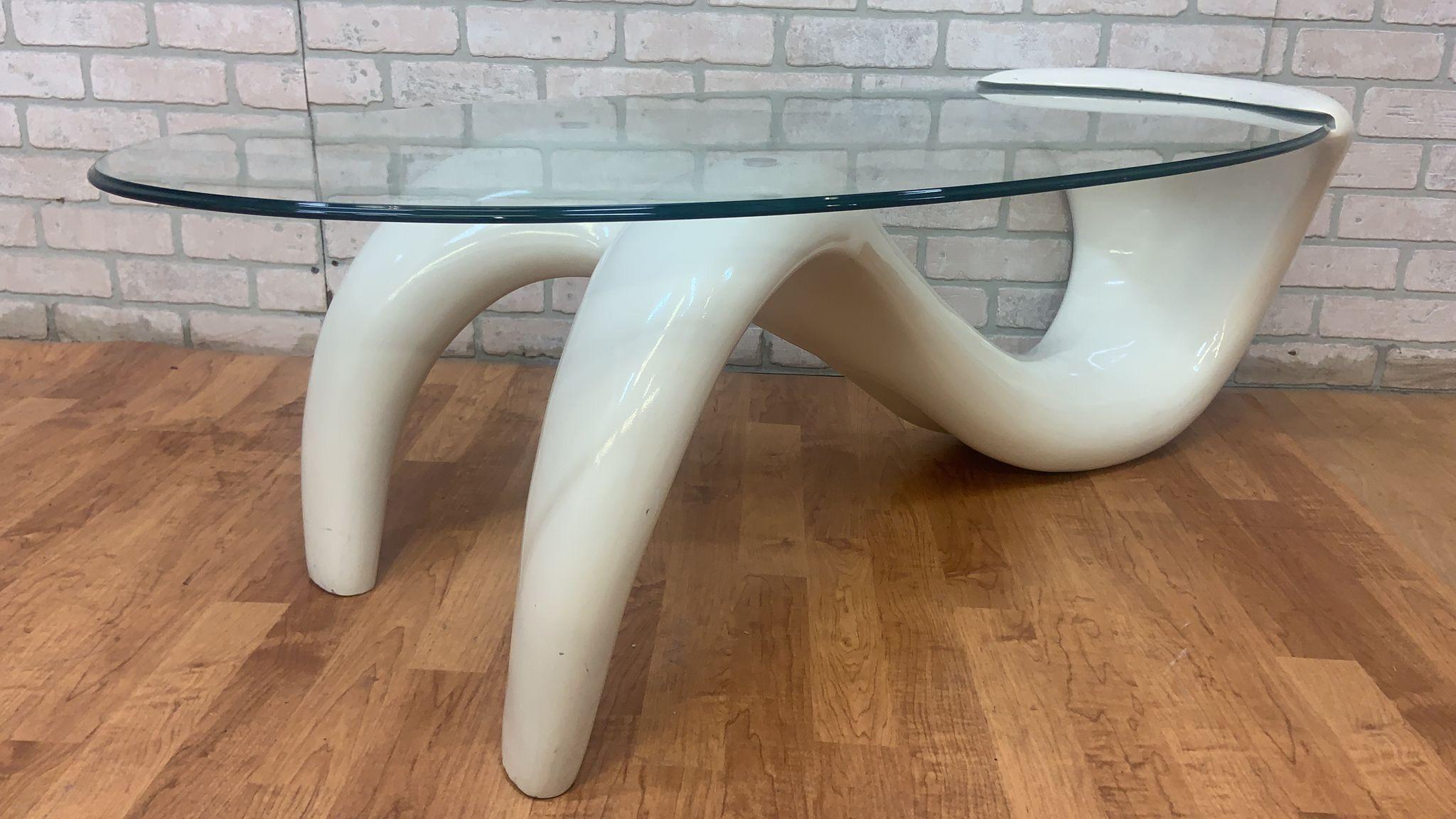 Mid-Century Modern MCM White Abstract Fiberglass Sculptural Base Oval Glass Top Coffee Table