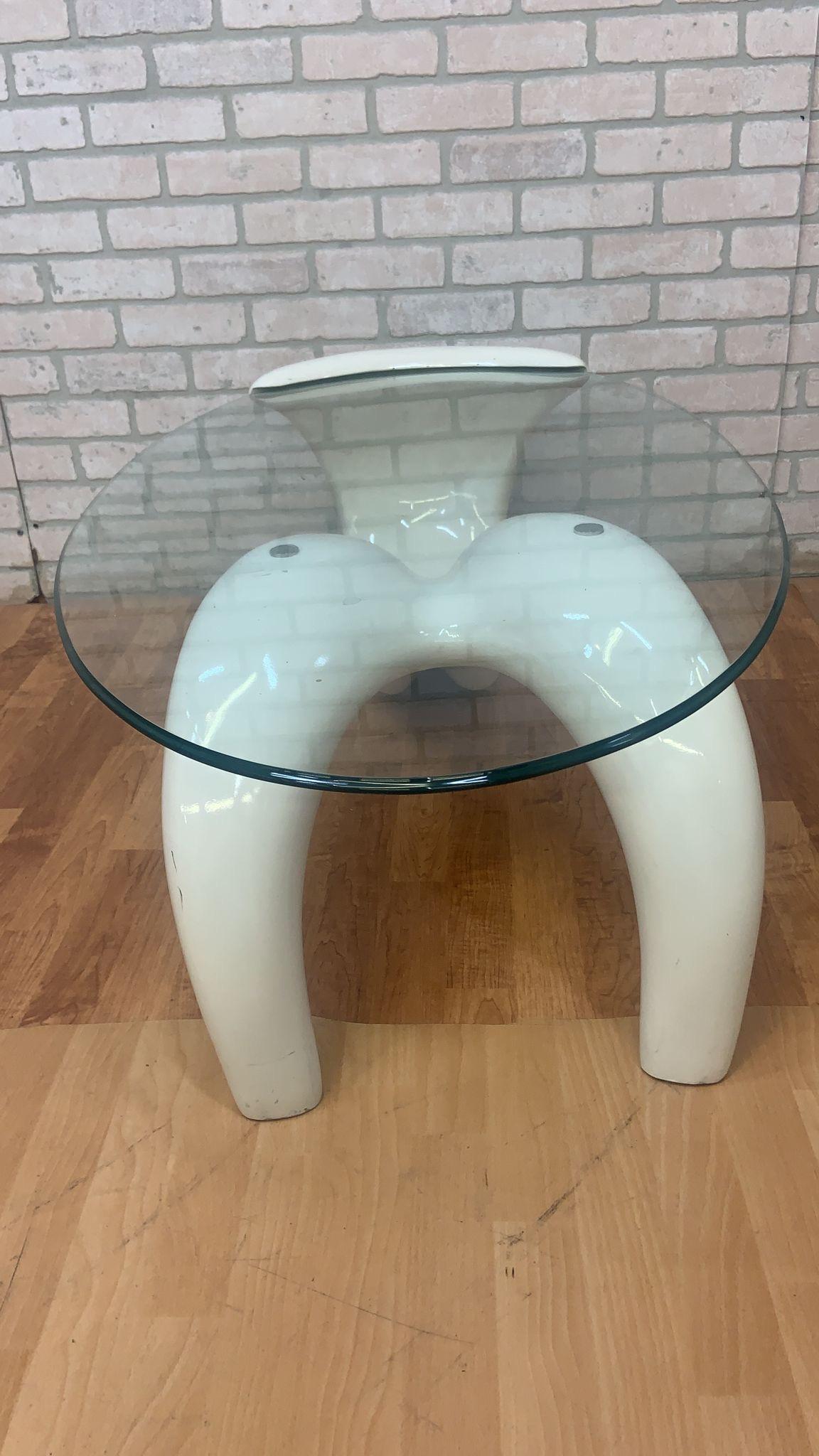 MCM White Abstract Fiberglass Sculptural Base Oval Glass Top Coffee Table 1