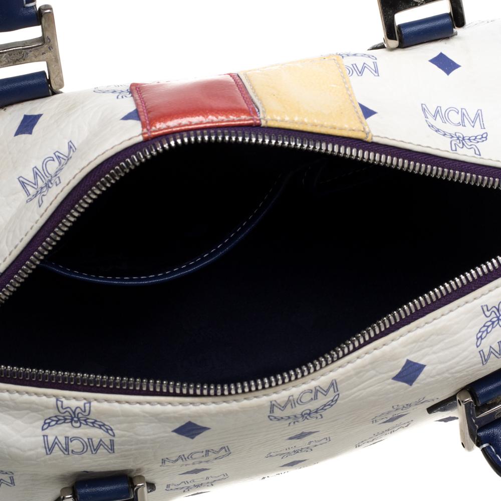 MCM White/Blue Visetos Princess Lion Coated Canvas and Leather Boston Bag 2