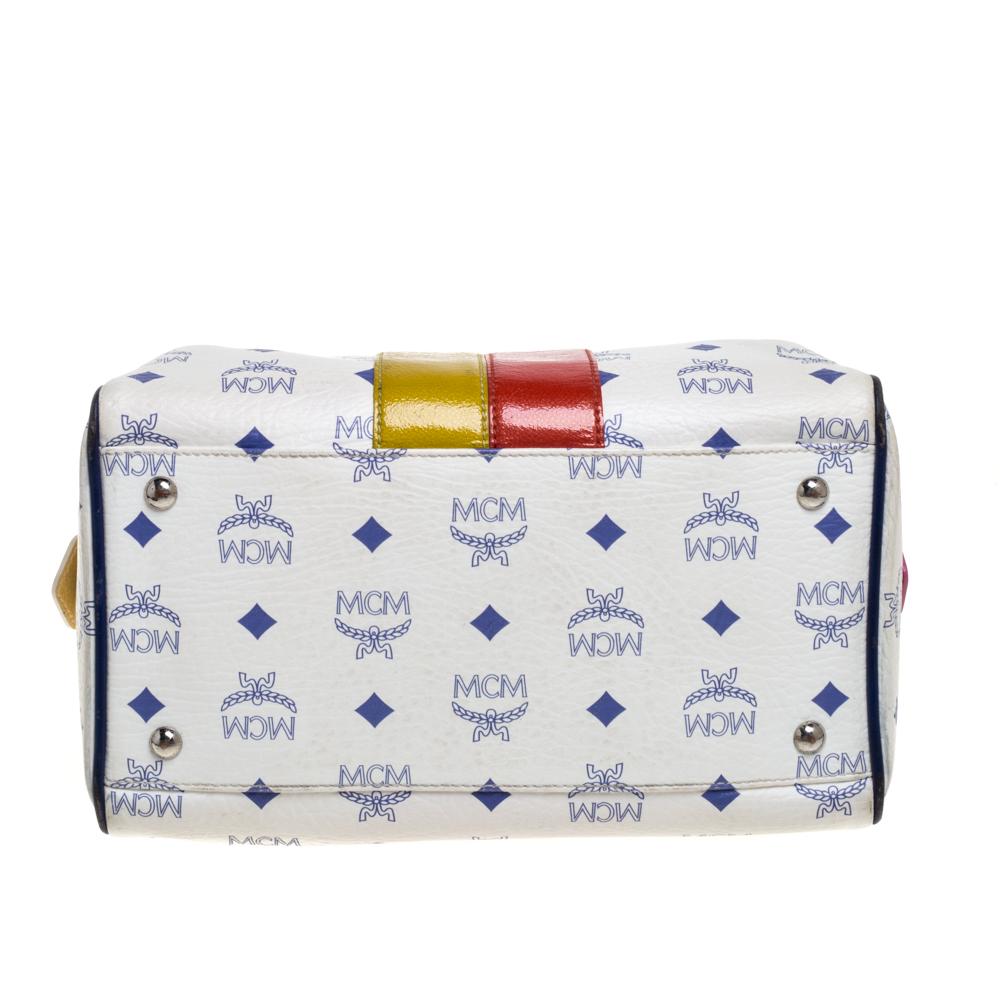 MCM White/Blue Visetos Princess Lion Coated Canvas and Leather Boston Bag 3