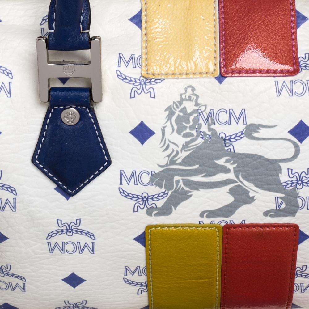 MCM White/Blue Visetos Princess Lion Coated Canvas and Leather Boston Bag In Good Condition In Dubai, Al Qouz 2
