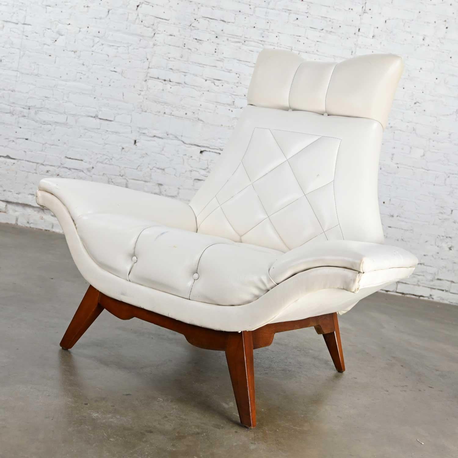 Gorgeous mid-century modern high back lounge chair with original white faux leather & walnut base in the style of Adrian Pearsall or Kroehler. Great condition, keeping in mind that this is vintage and not new so will have signs of use and wear. The