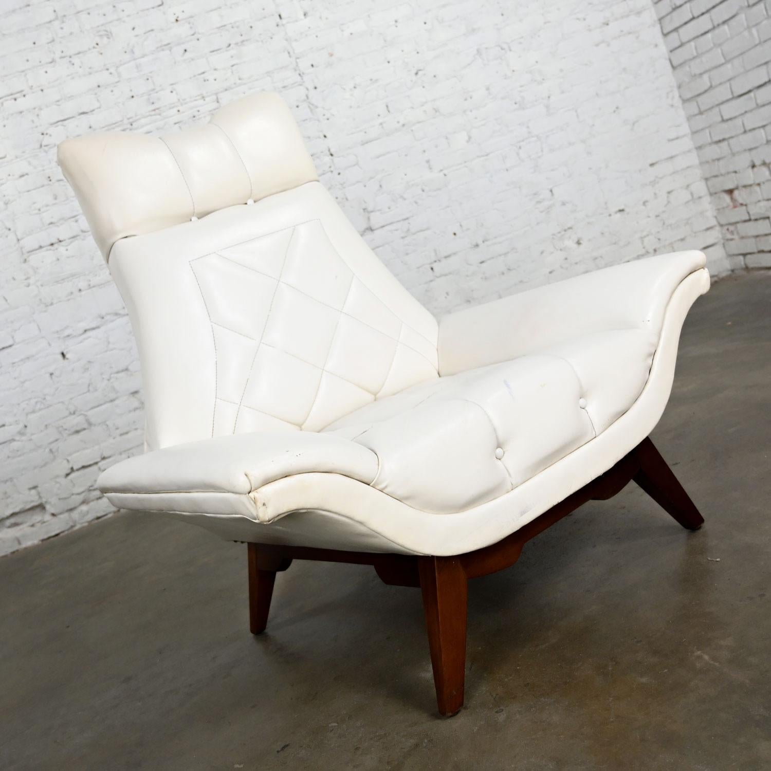 Mid-Century Modern MCM White Faux Leather Walnut Base High Back Lounge Chair Style Adrian Pearsall