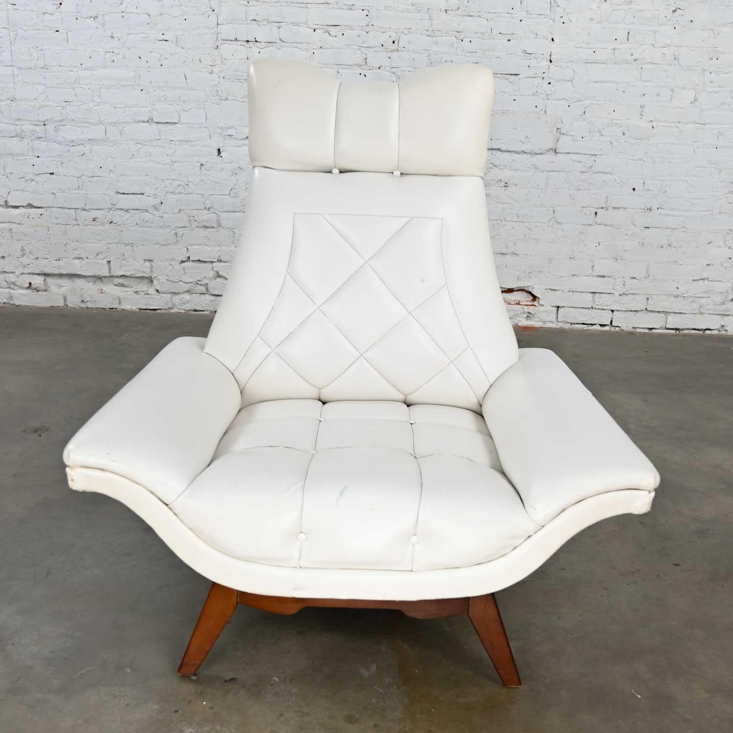 Unknown MCM White Faux Leather Walnut Base High Back Lounge Chair Style Adrian Pearsall