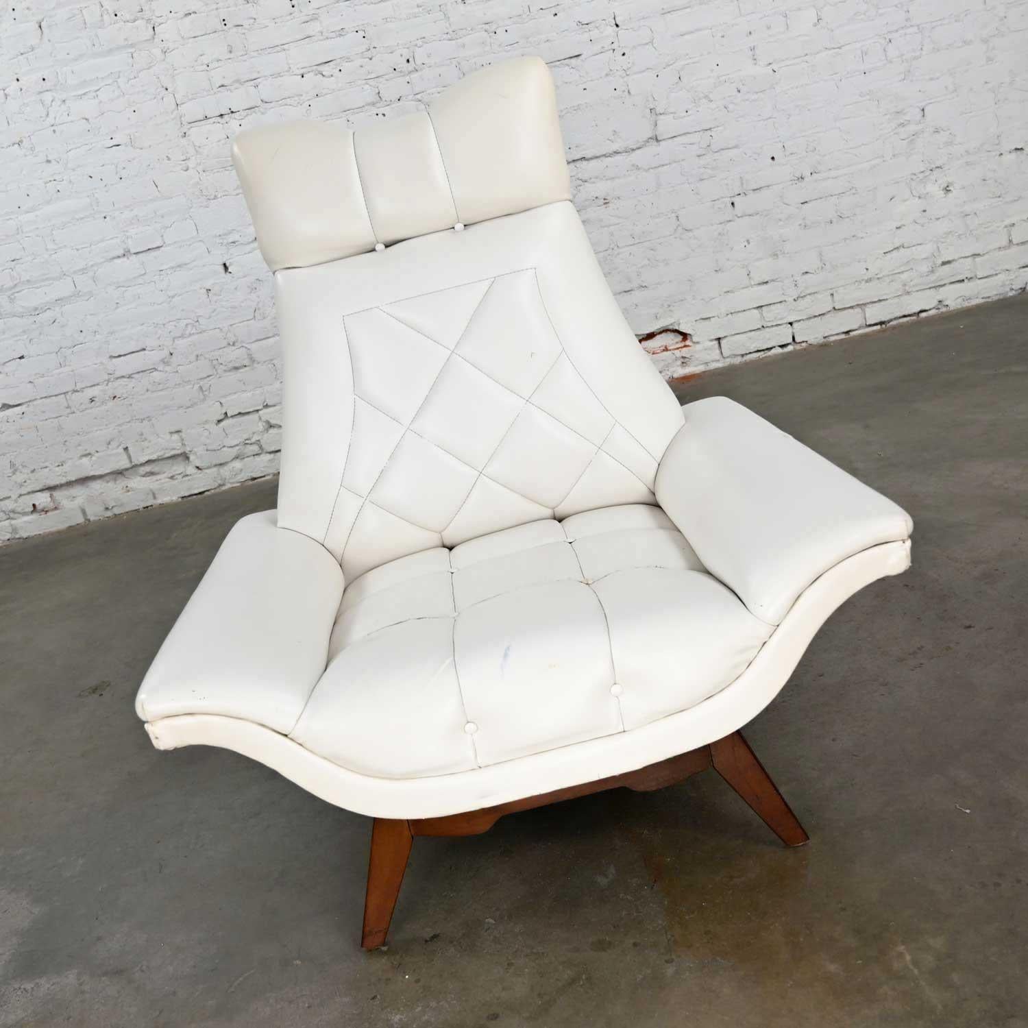 20th Century MCM White Faux Leather Walnut Base High Back Lounge Chair Style Adrian Pearsall