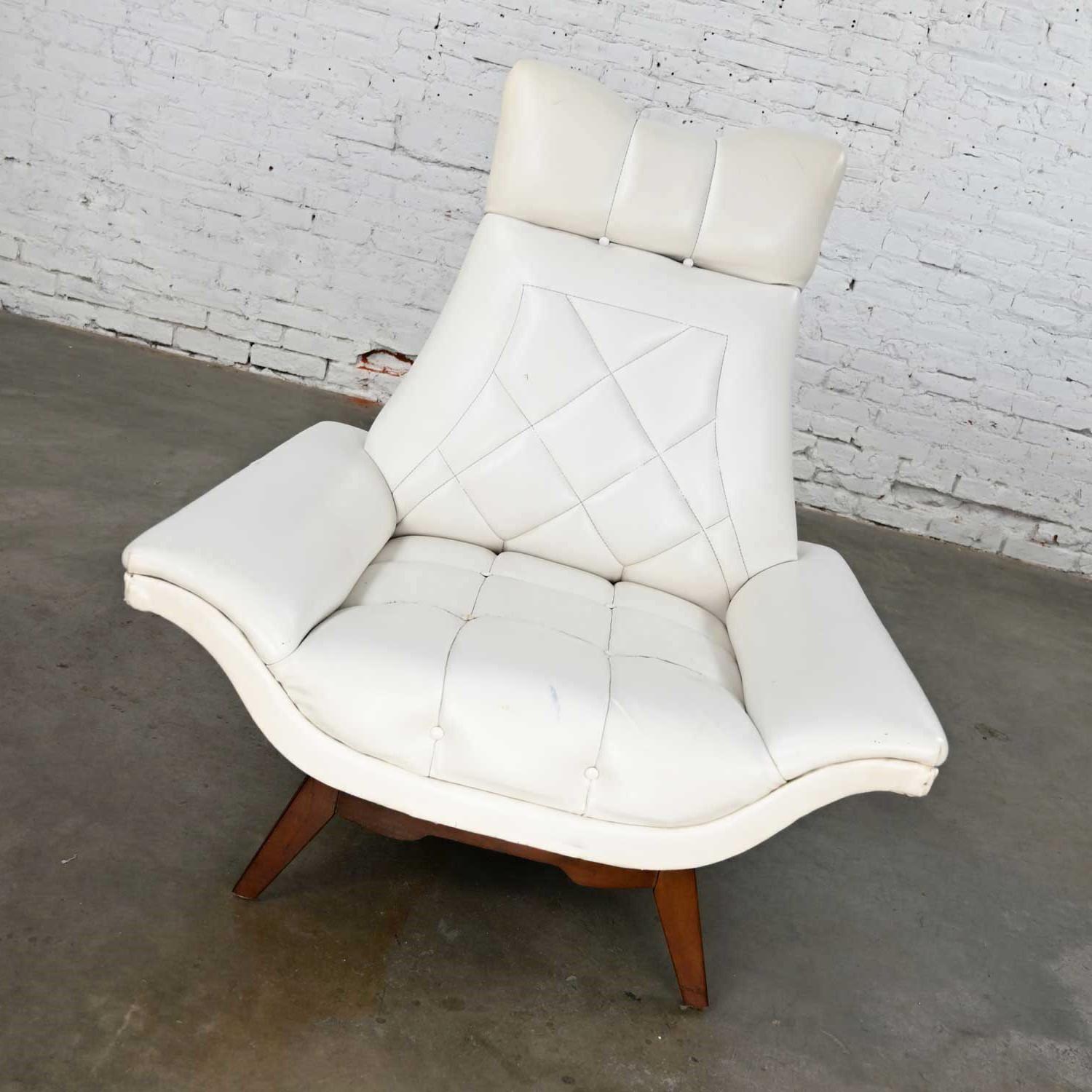 MCM White Faux Leather Walnut Base High Back Lounge Chair Style Adrian Pearsall 1