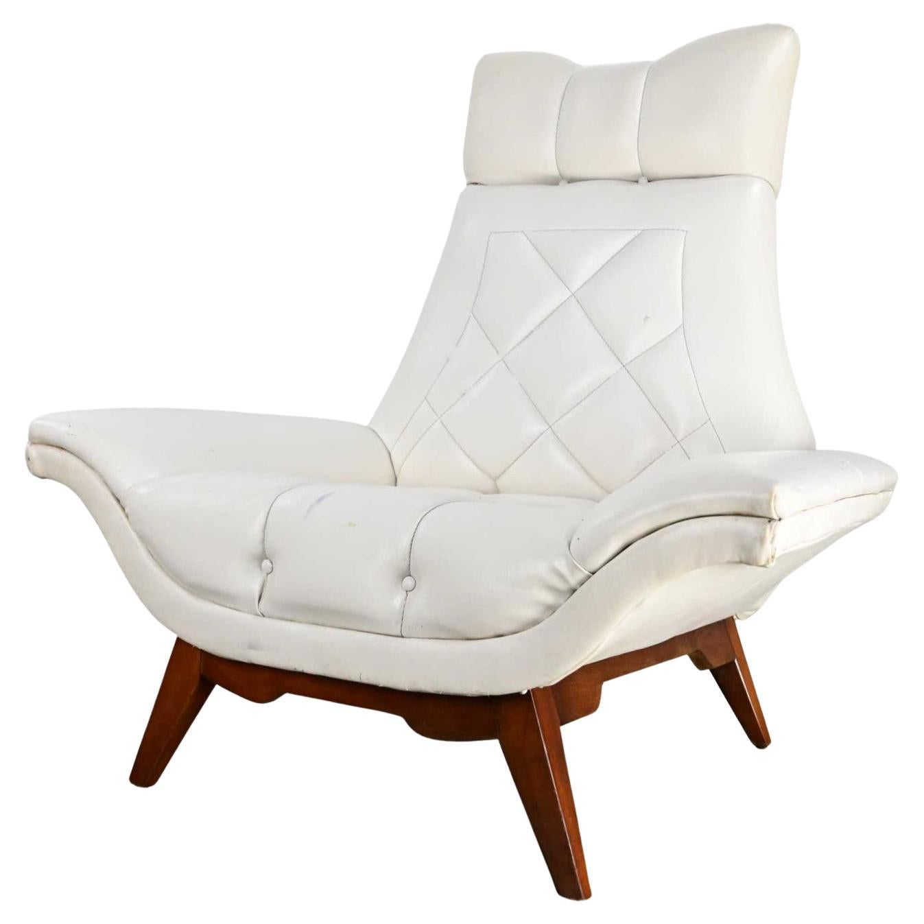 MCM White Faux Leather Walnut Base High Back Lounge Chair Style Adrian Pearsall