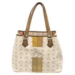 MCM White Leather Lion Visetos Shopper Bag