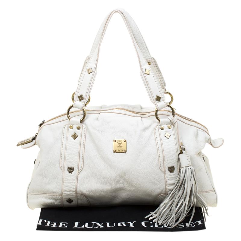 MCM White Leather Tassel Satchel 5