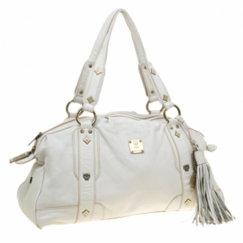 MCM Cartera con borla de piel blanca Gris en venta