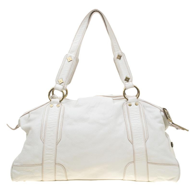 MCM White Leather Tassel Satchel In Good Condition In Dubai, Al Qouz 2