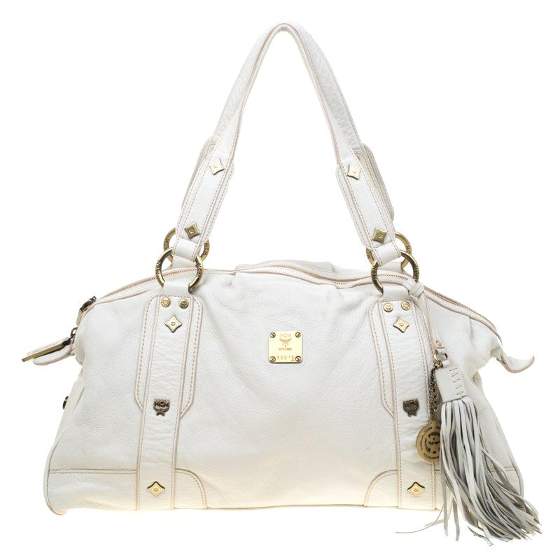 MCM White Leather Tassel Satchel